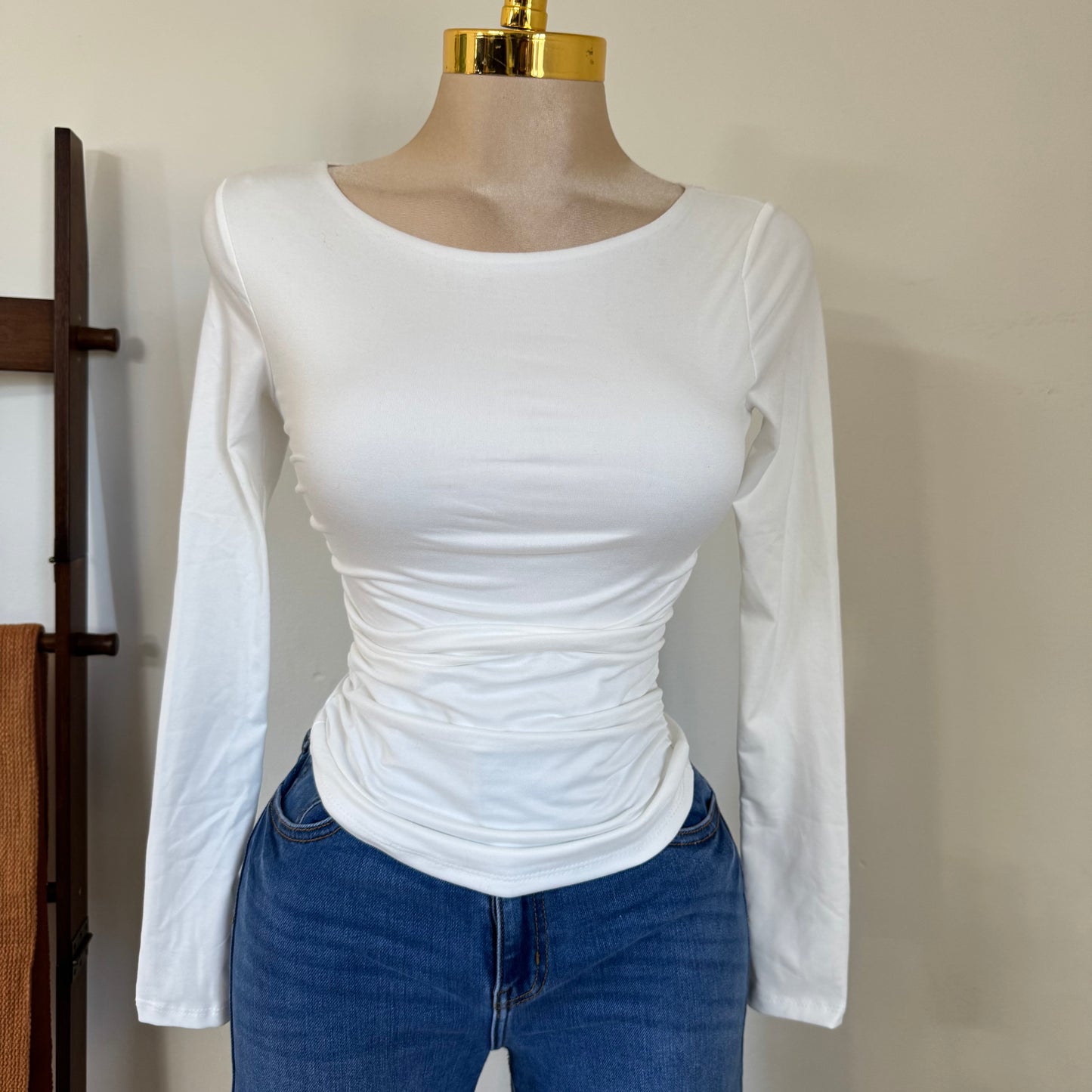 Ruched Long Sleeve Double Layered Top-White