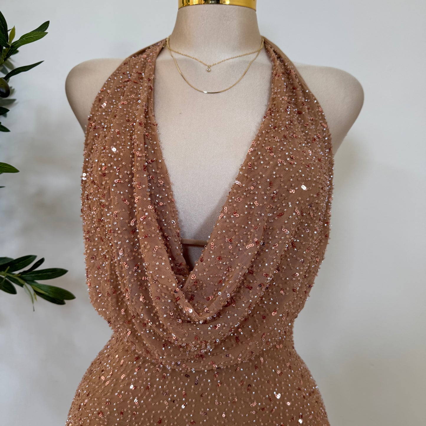 Cowl Sequins Dress-Mocha