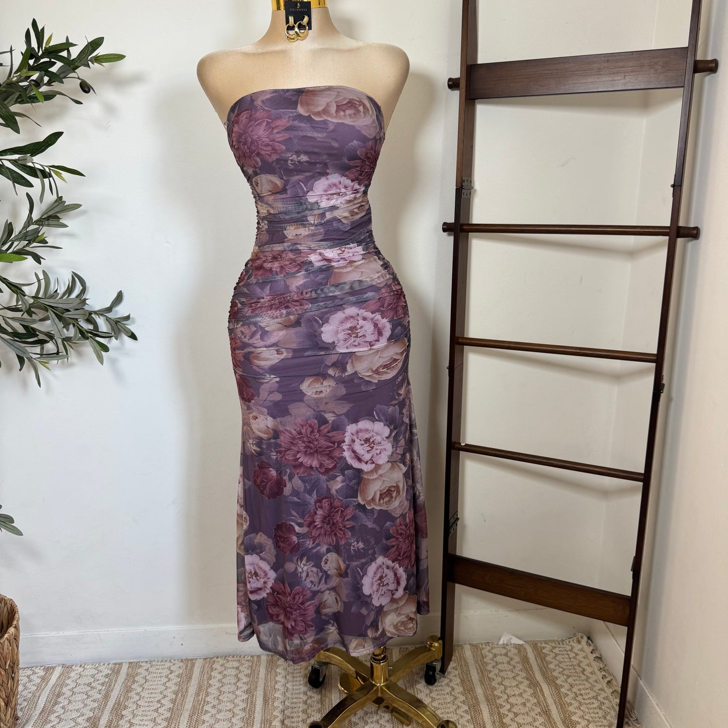 Mesh Print Tube Ruching Maxi Dress-Lavander