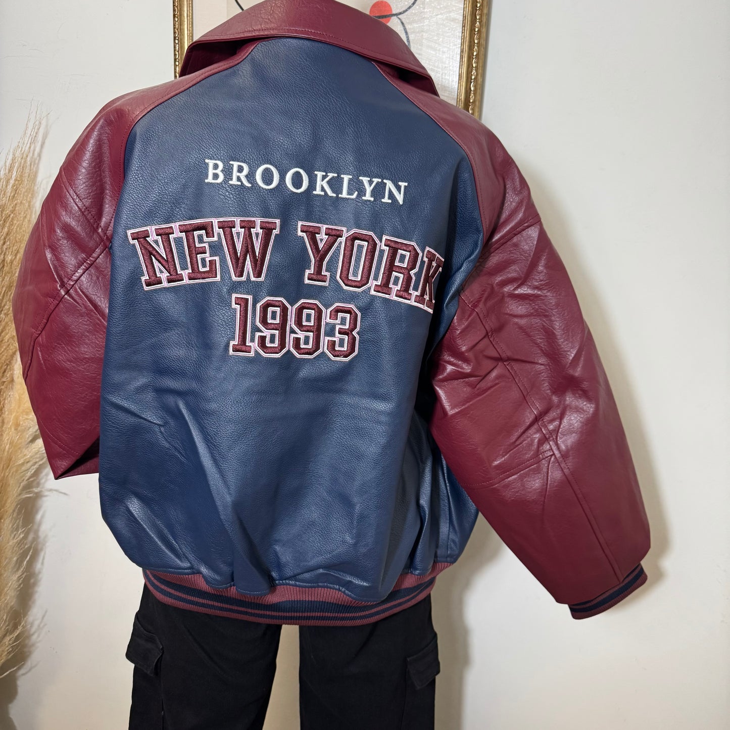 Faux Leather Oversize Jacket -Navy/Burgundy