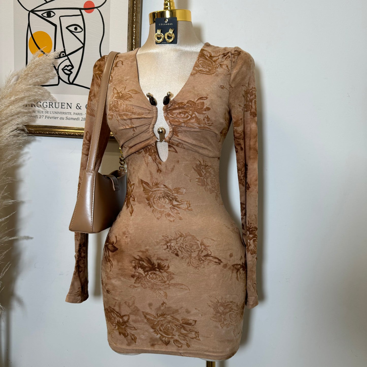Brushed Knit Velvet Flocking Long Dress-Camel