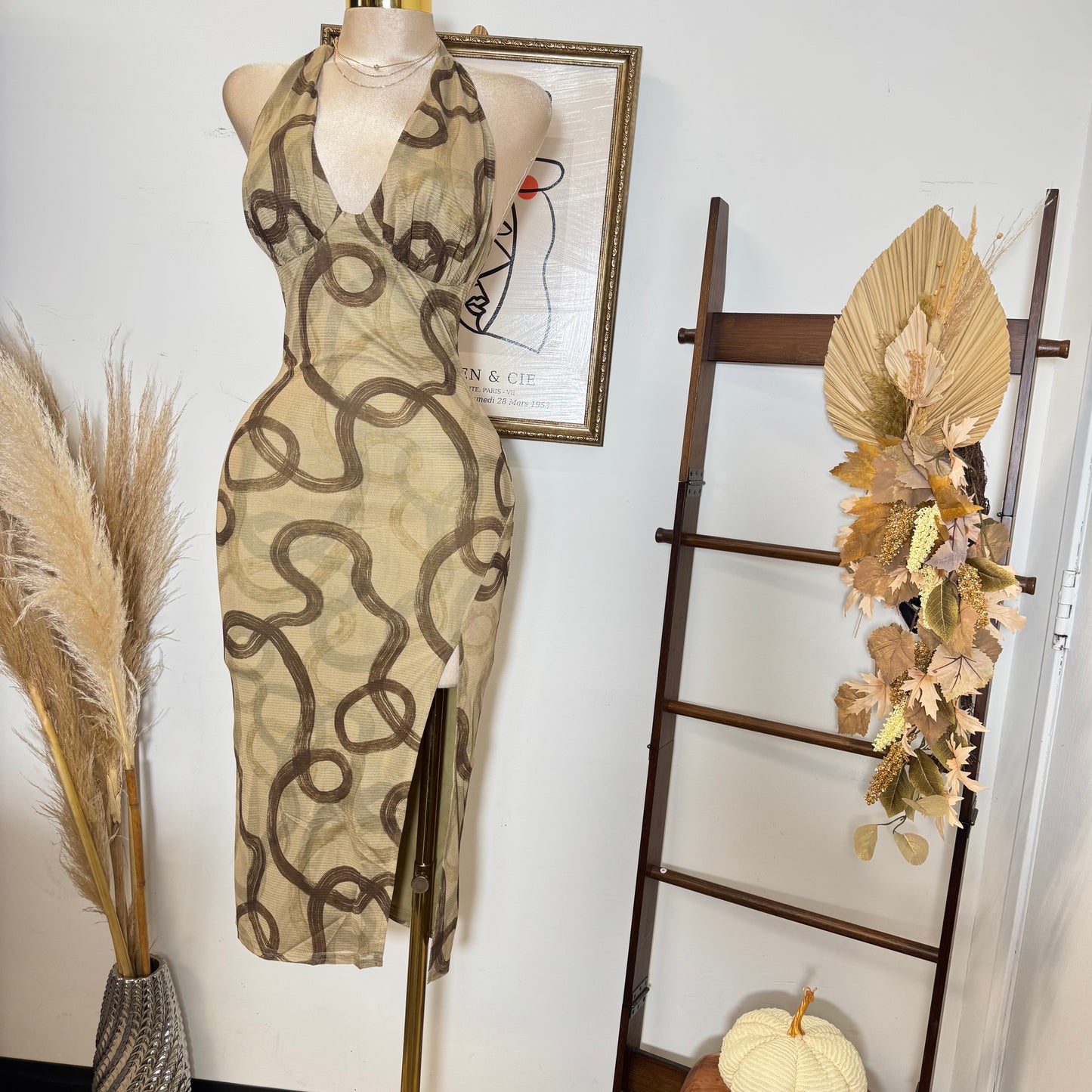 Halter Midi Print Dress-Olive Brown