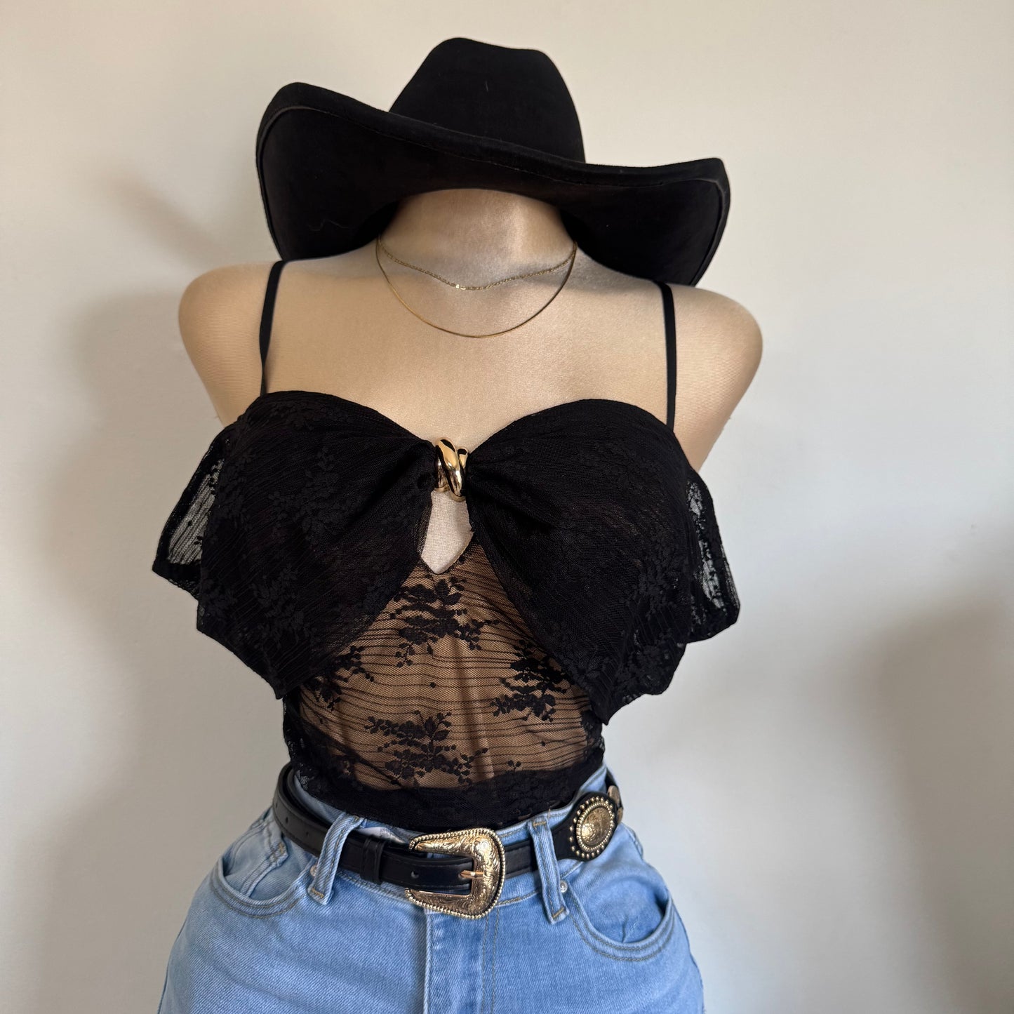 Lace Gold Trim Inset Off shoulder bodysuit-Black
