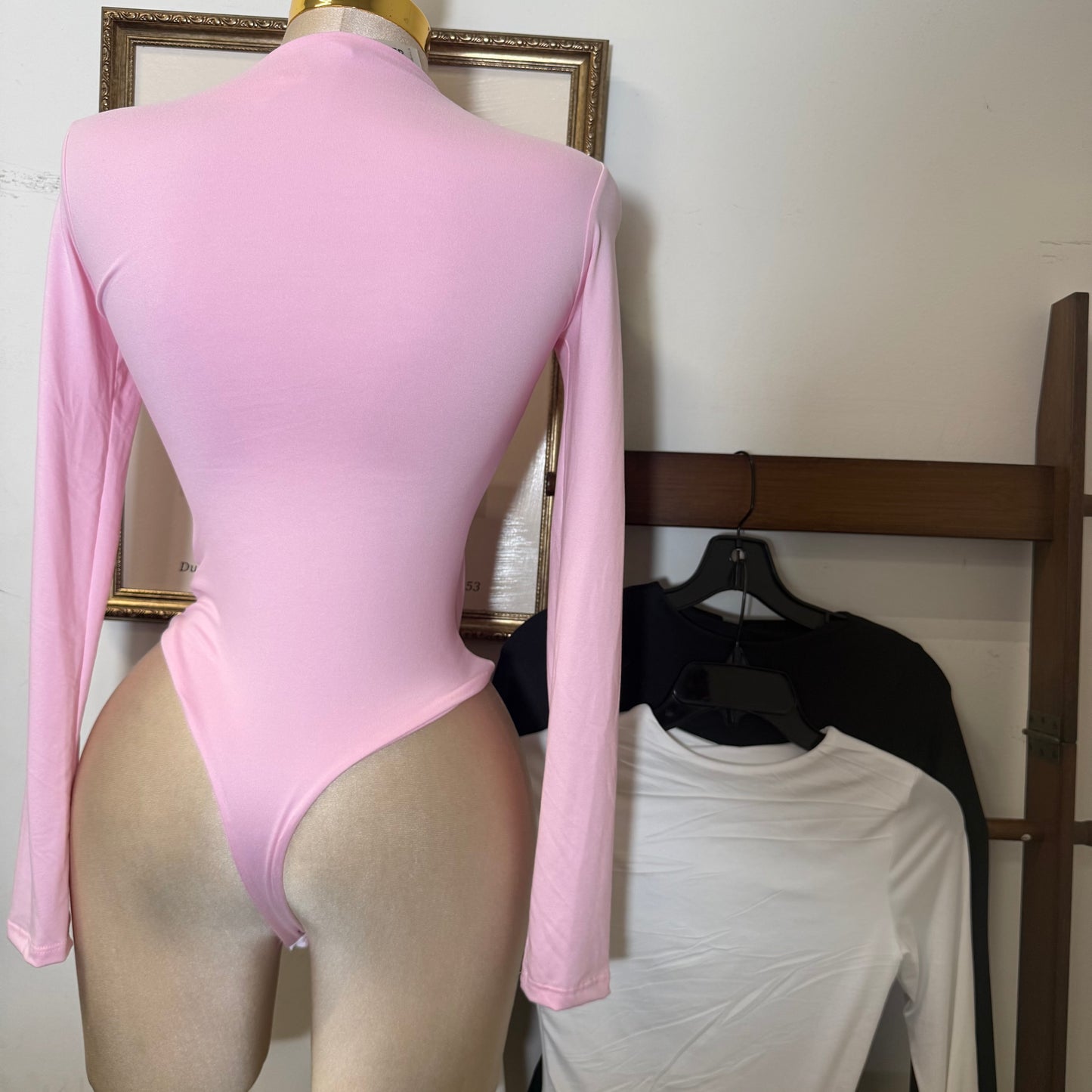 Long Sleeve Crew Neck Thong Bodysuit-Baby Pink