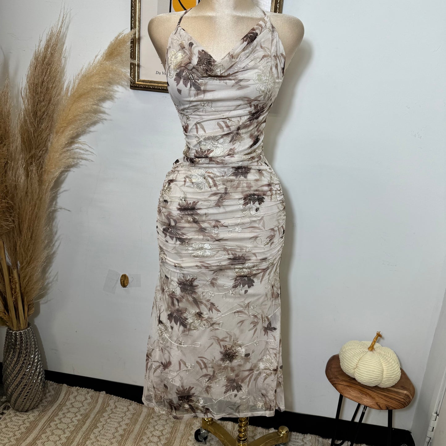 Deep Plunge Halter Neck a-Line Midi Dress-Brown