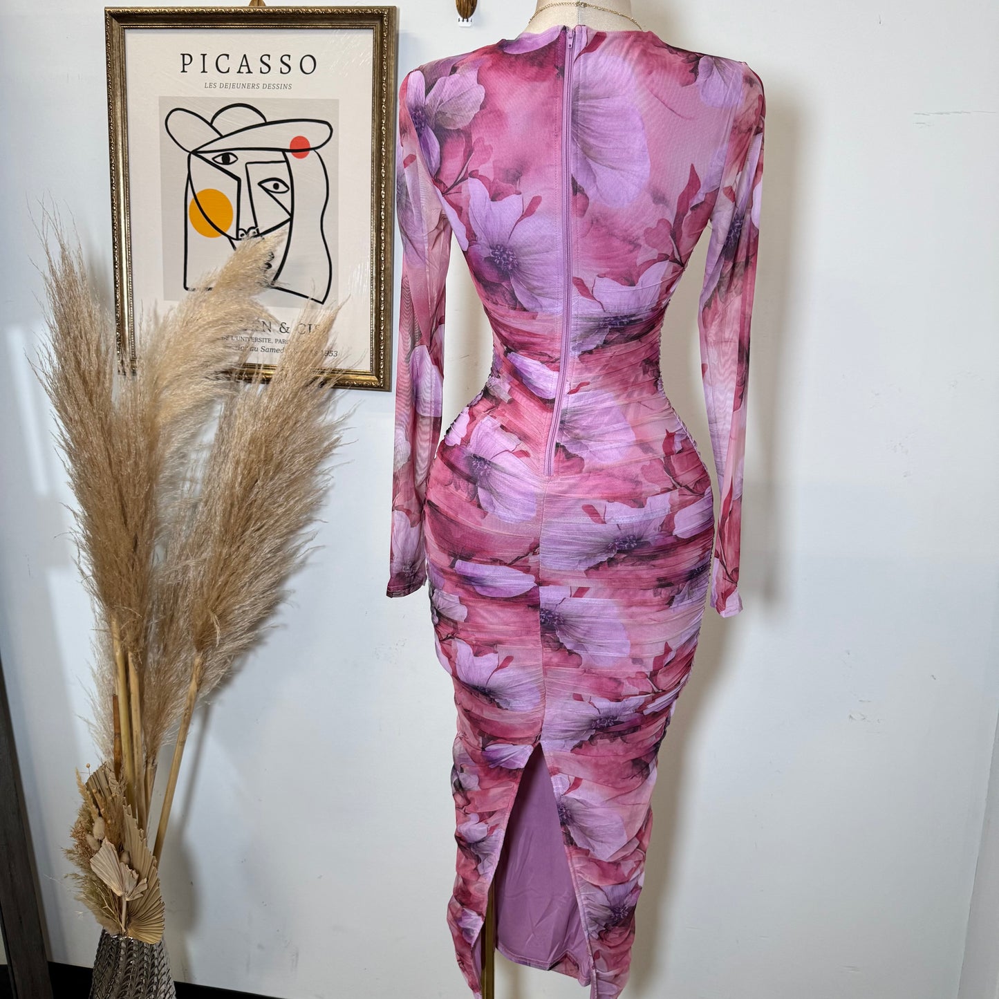 Long Sleeve Mesh Dress-Hot Pink