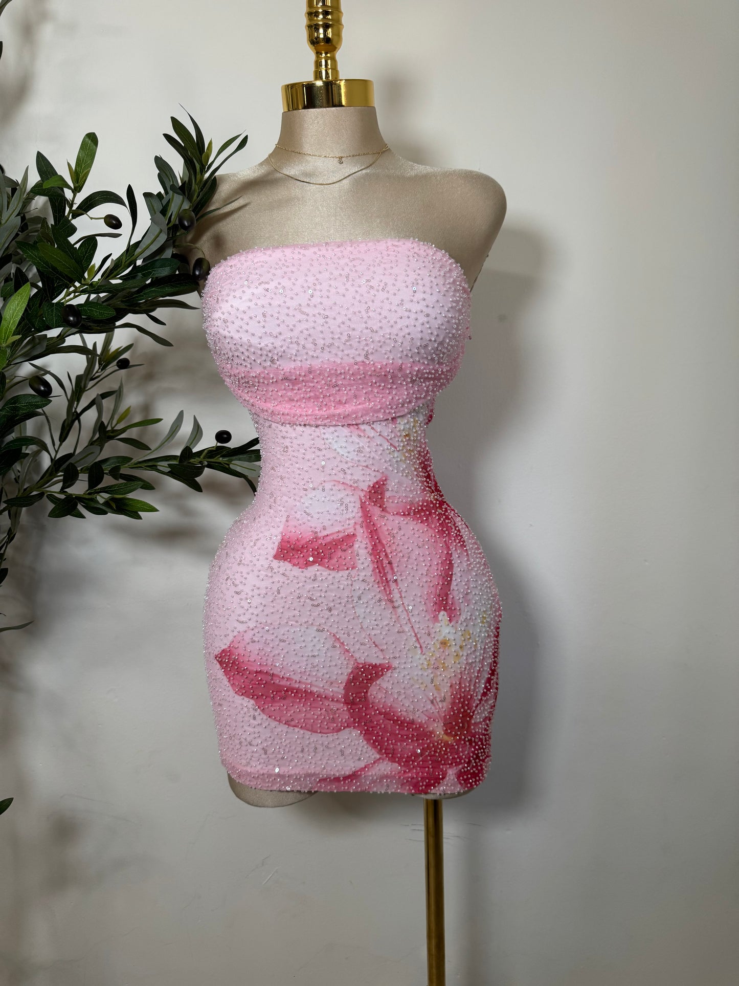 Tropicoqueta Mesh with Beads Floral Print Tube Dress