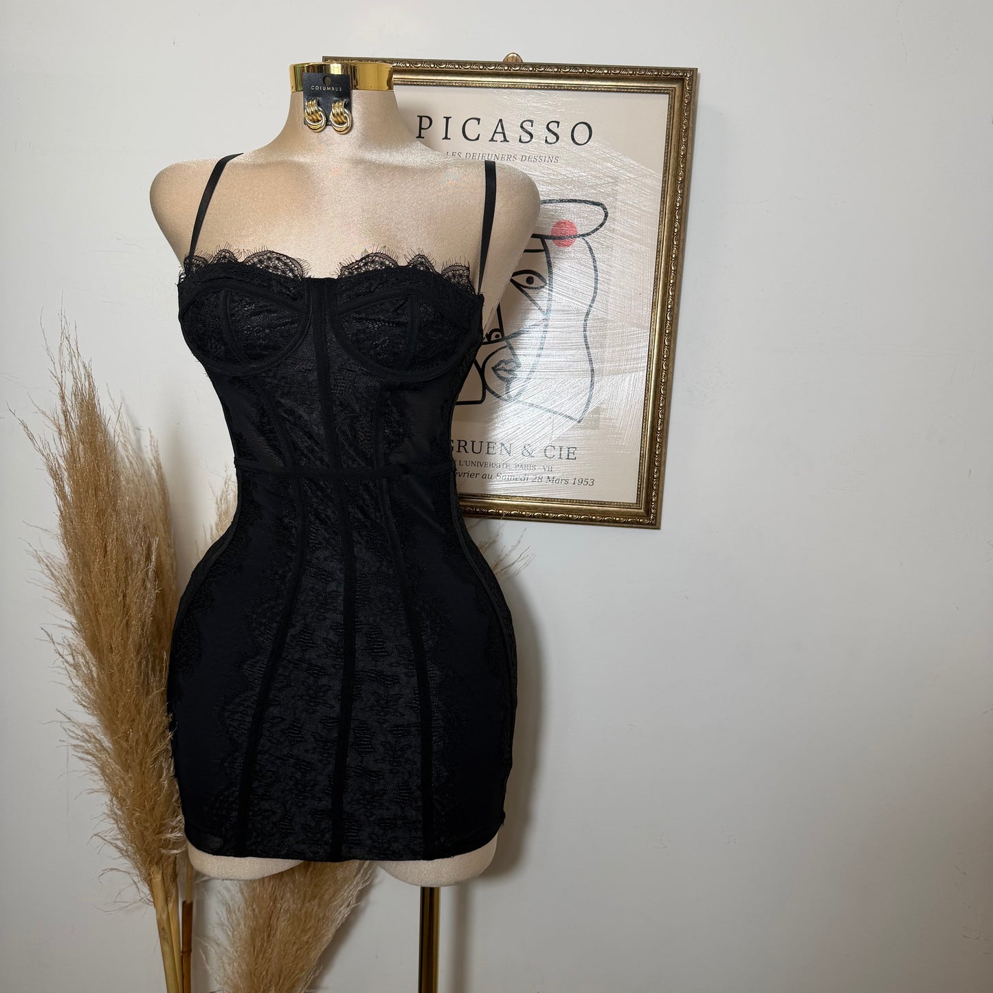 Lace Mesh Dress-Black