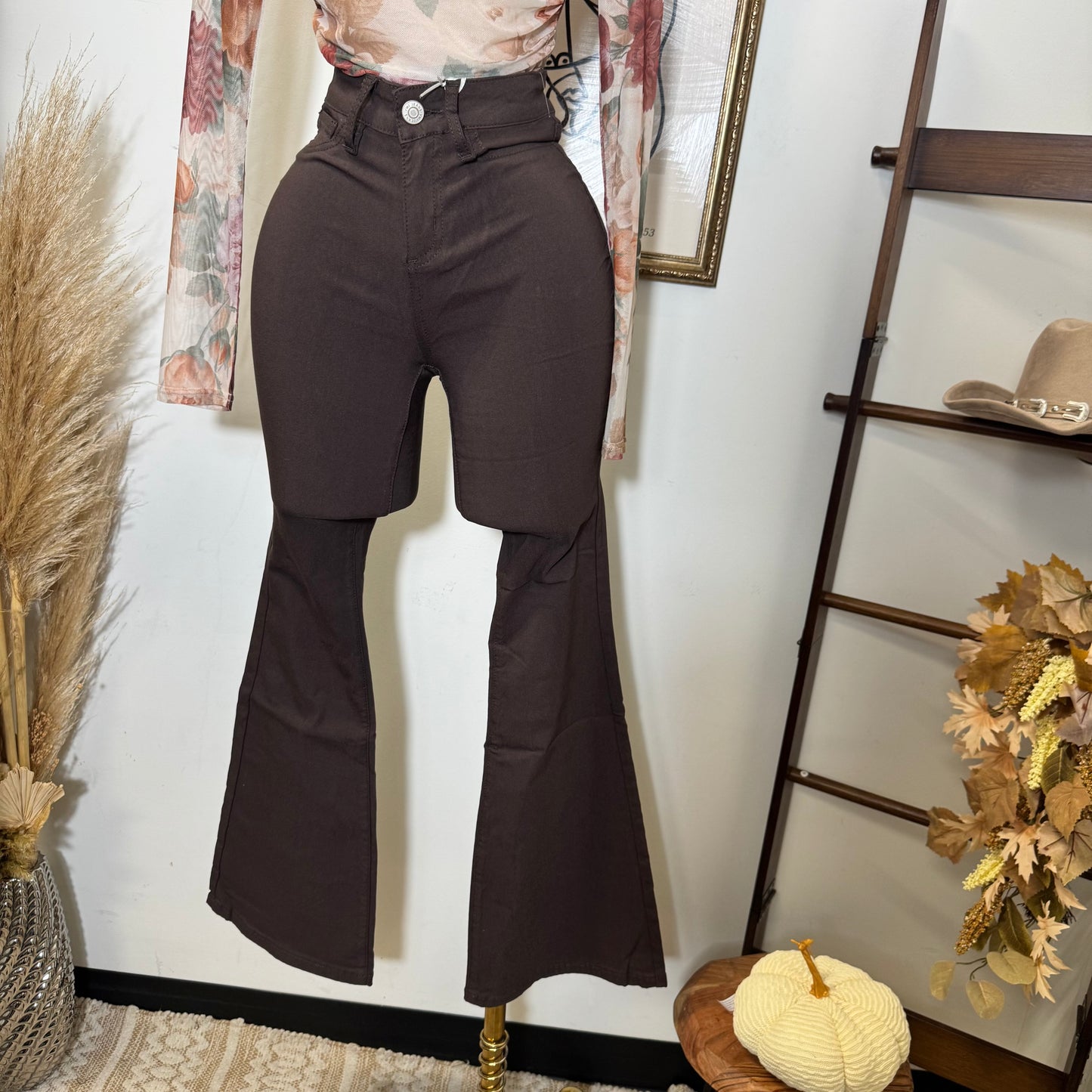 High Rise Hyper stretch Flare Jeans-Brown
