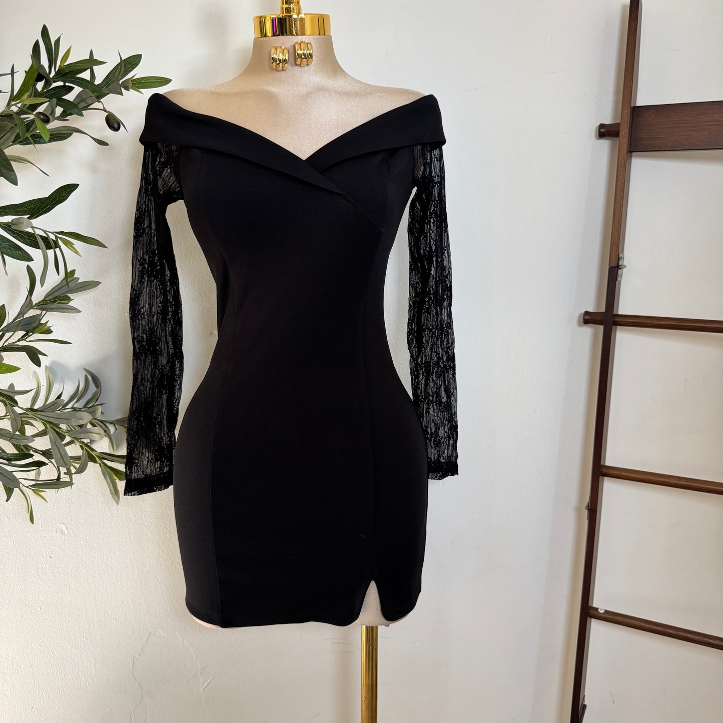 Nylon Ponte off Shoulder Long sleeve -Black