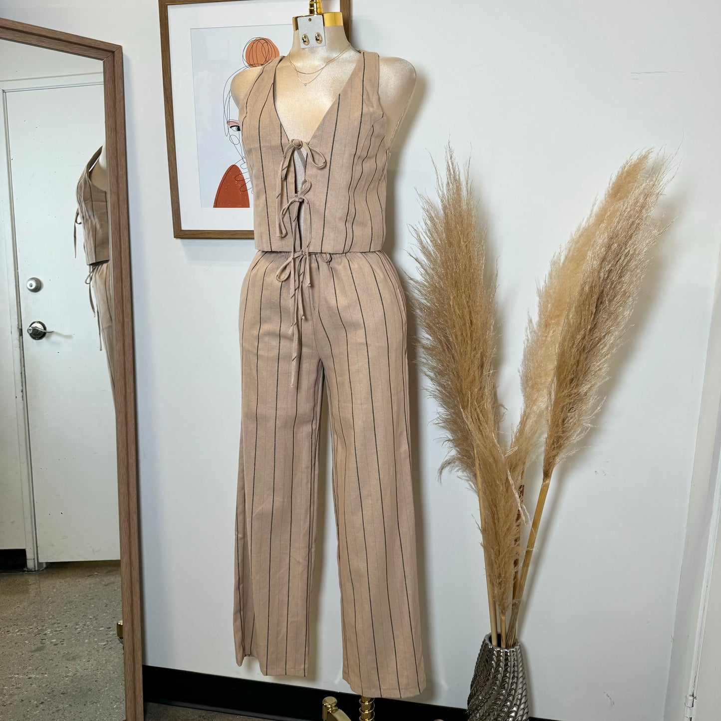 Knot Linen Pant Set-Beige with Black and Blue Stripes