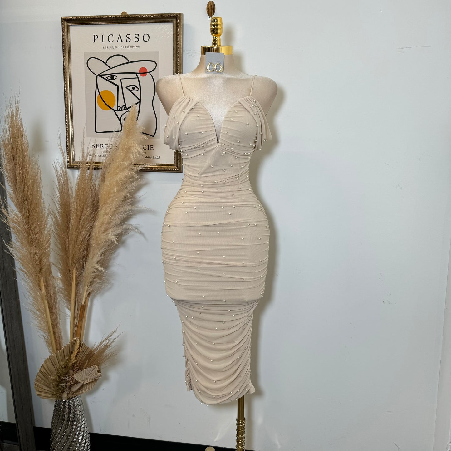 Aria Pearl Midi Dress- Beige