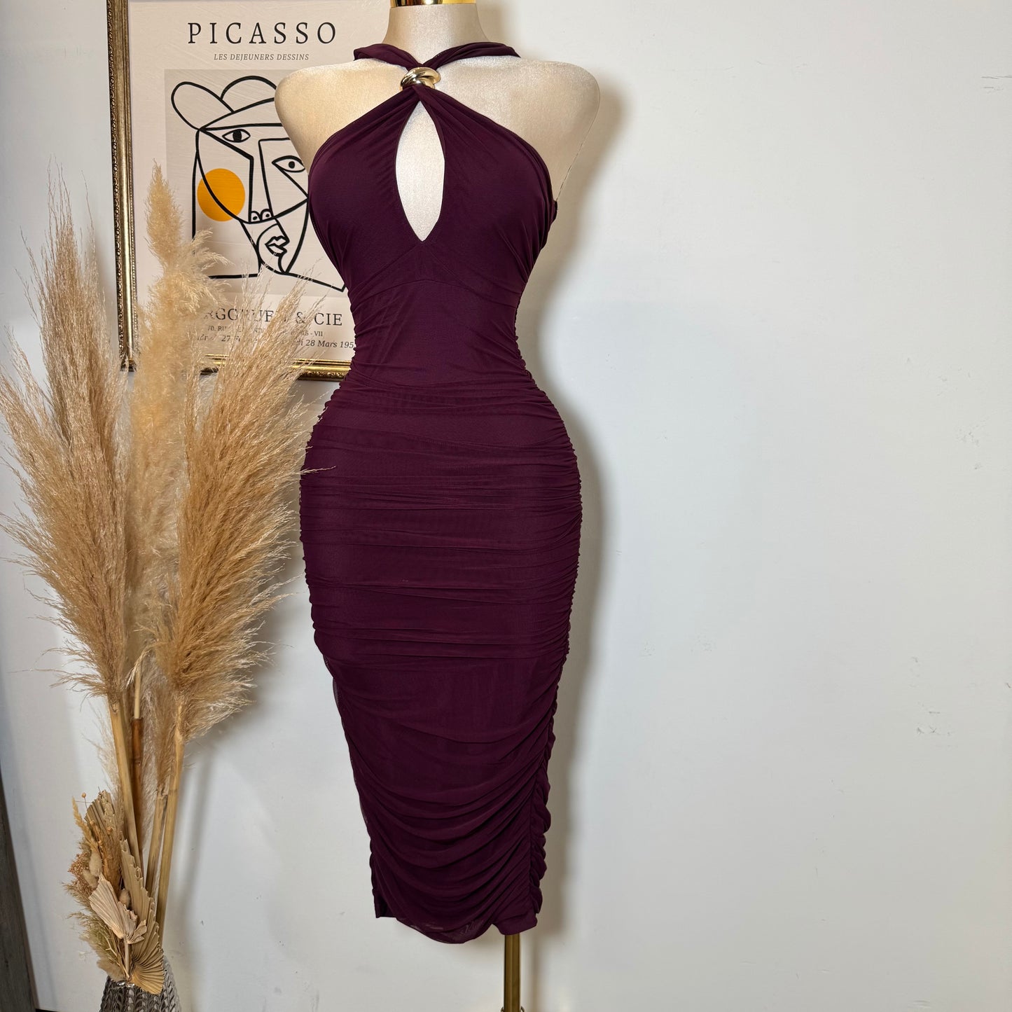 Halter Neck Trim Inset Ruched Bodycon Midi Dress-Plum