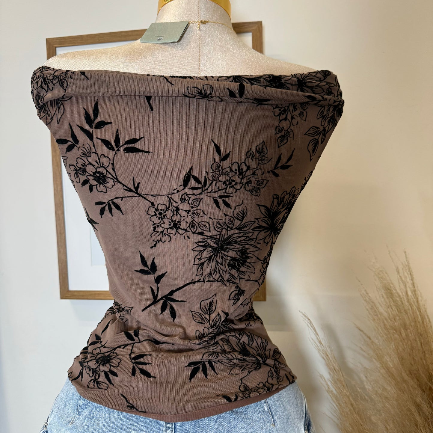 Elina Flocked Mesh Off Shoulder Top-Mocha