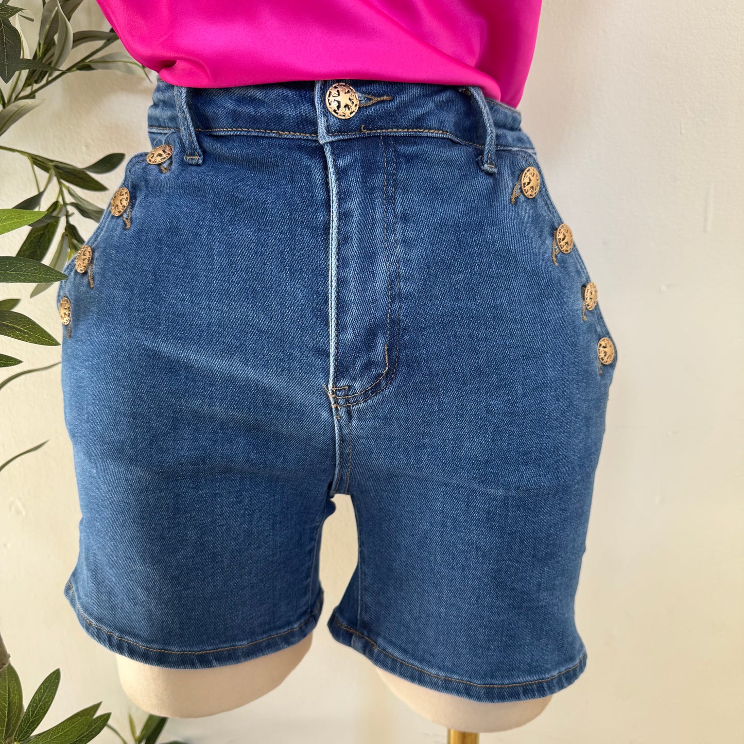 High Waisted Mom Shorts with Button on the side-Denim Blue