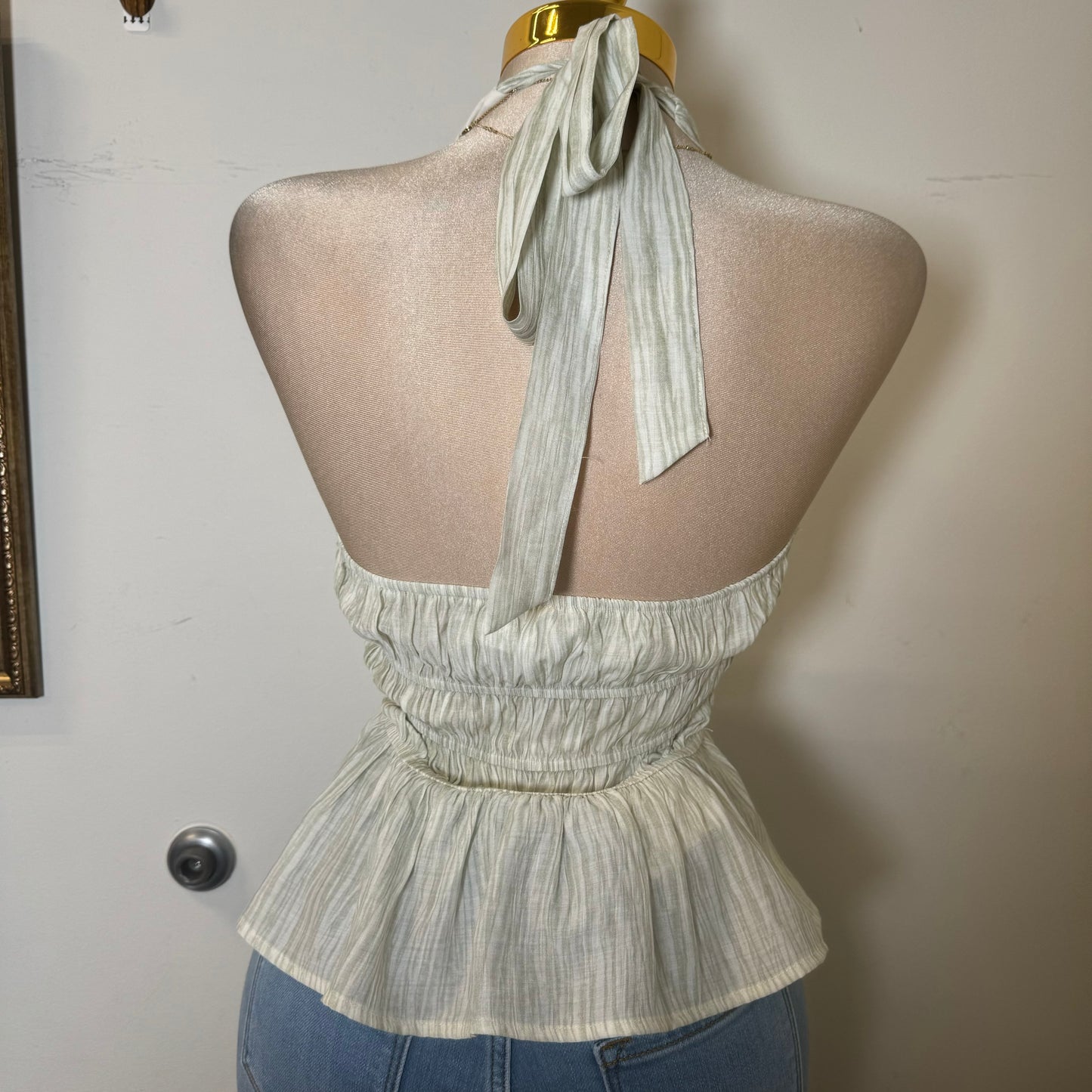 CRINKLE WOVEN PRINT BRAID DETAIL HALTER NECK TOP-Sage
