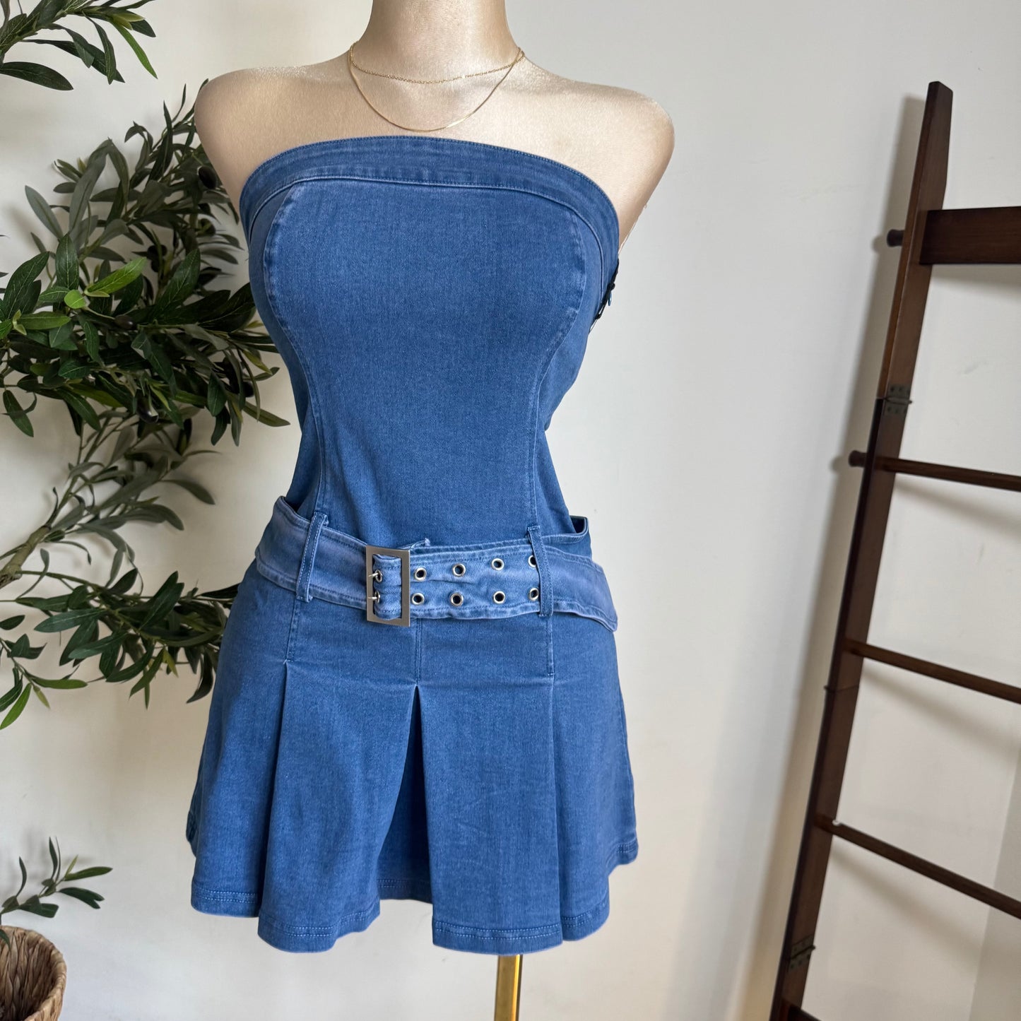 strapless Denim Belted Dress-Denim