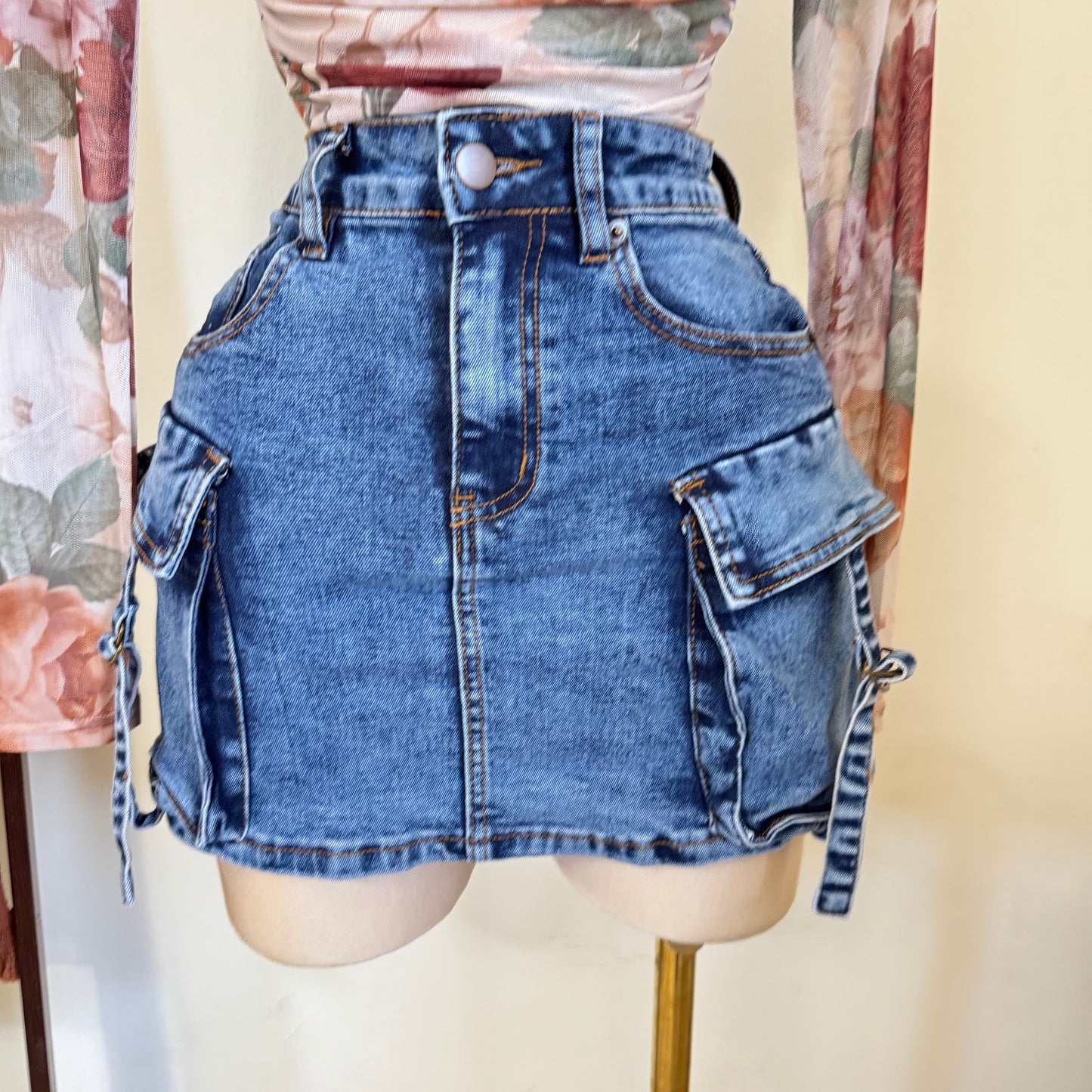 Cargo Denim Mini Skirt-Denim