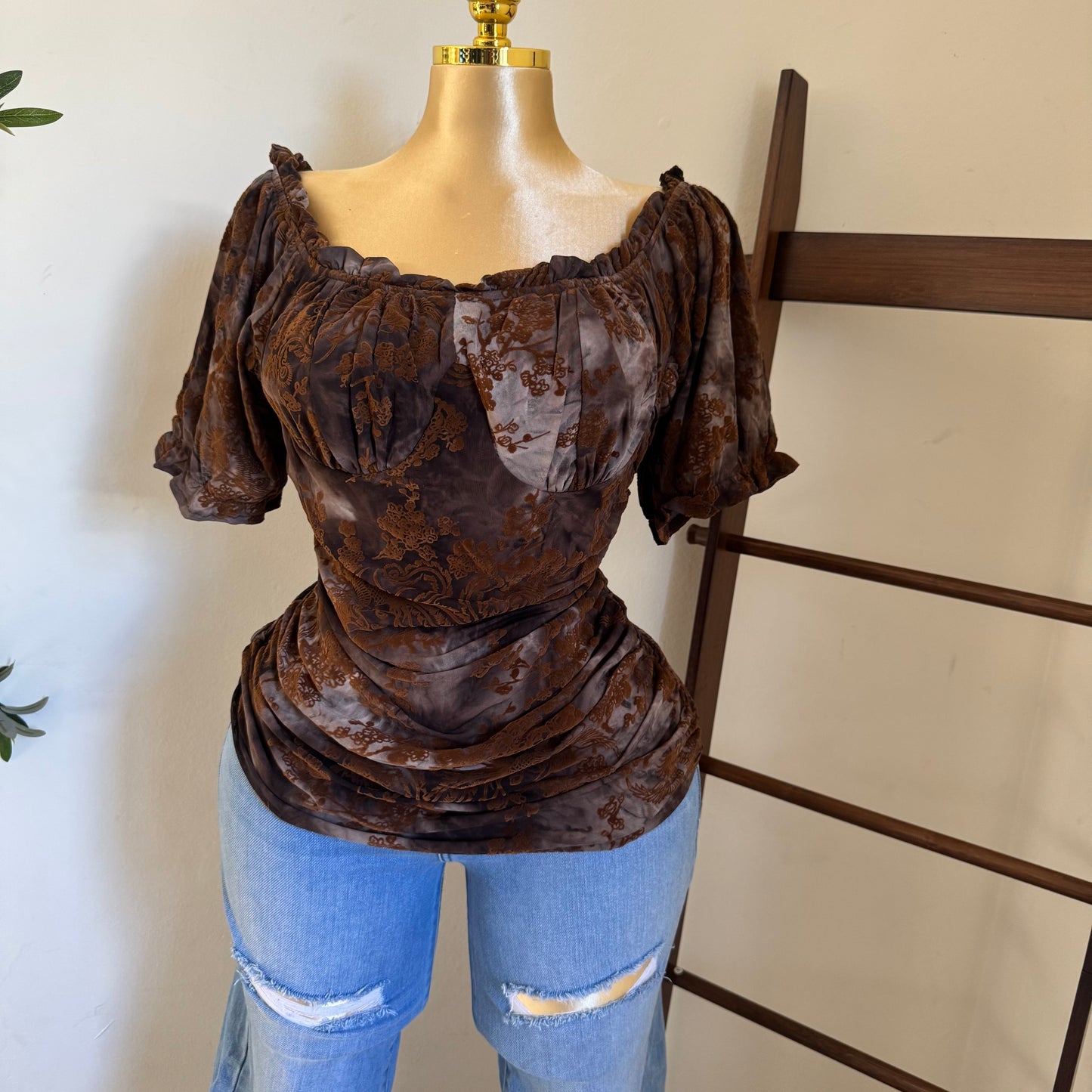 Off Shoulder Plus size Top-Brown