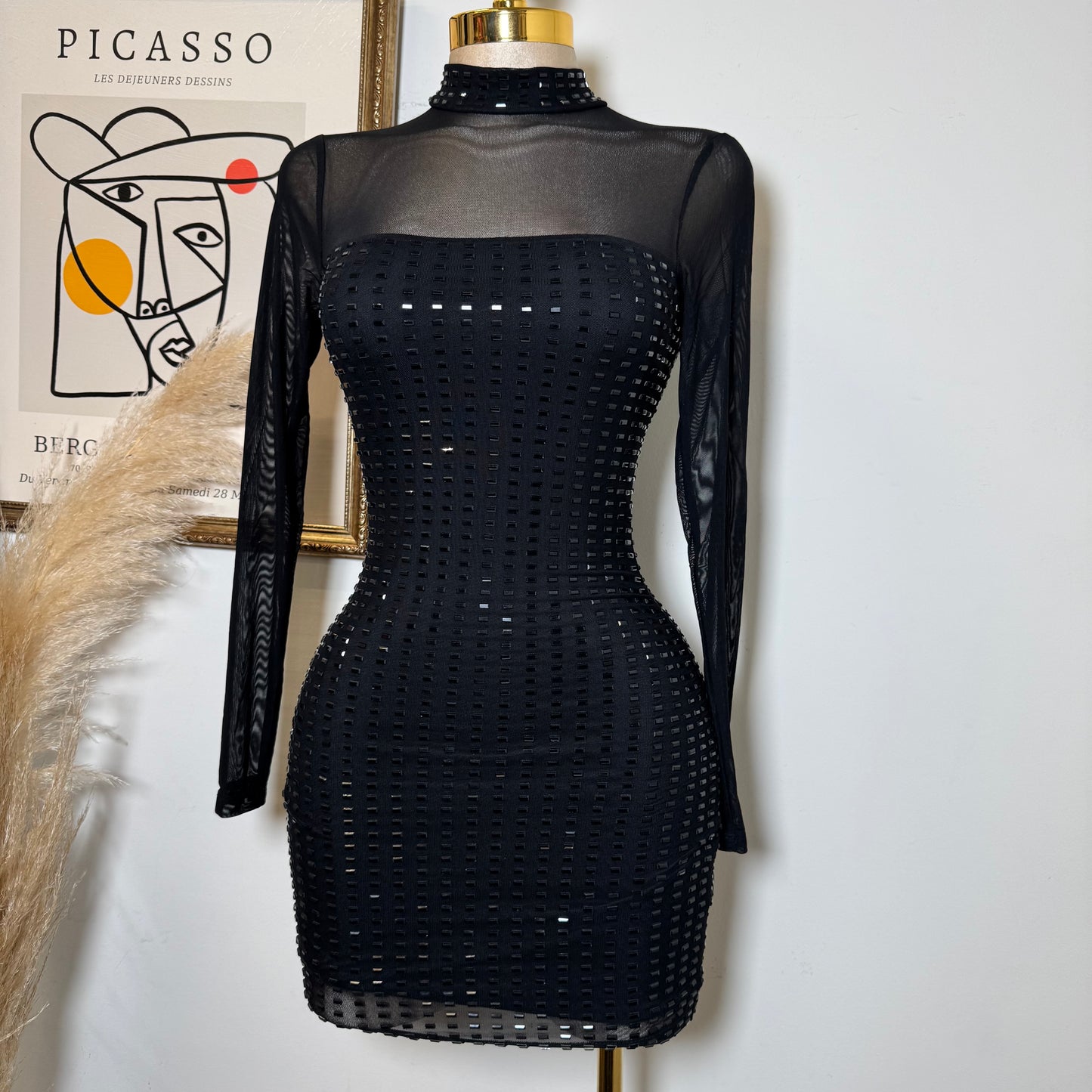 Ivette Rectangle Rhinestone Mini Dress-Black