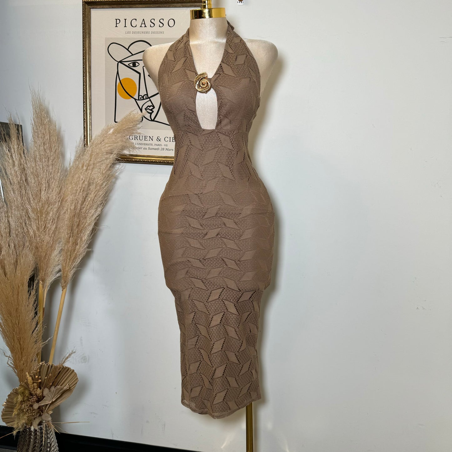Sole texture knit with Hardware trim Dress-Mocha
