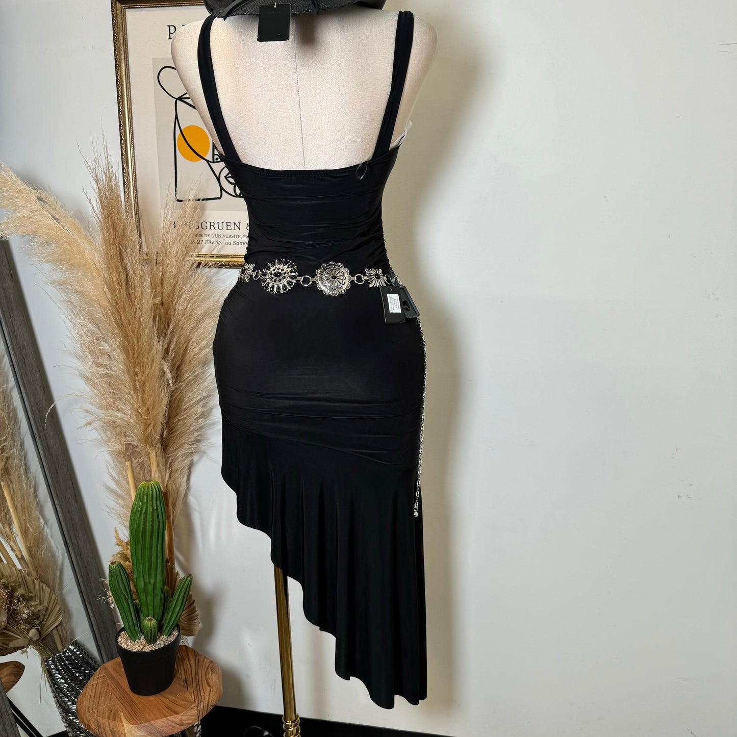 Silky Ruffle Open Slit Dress-Black