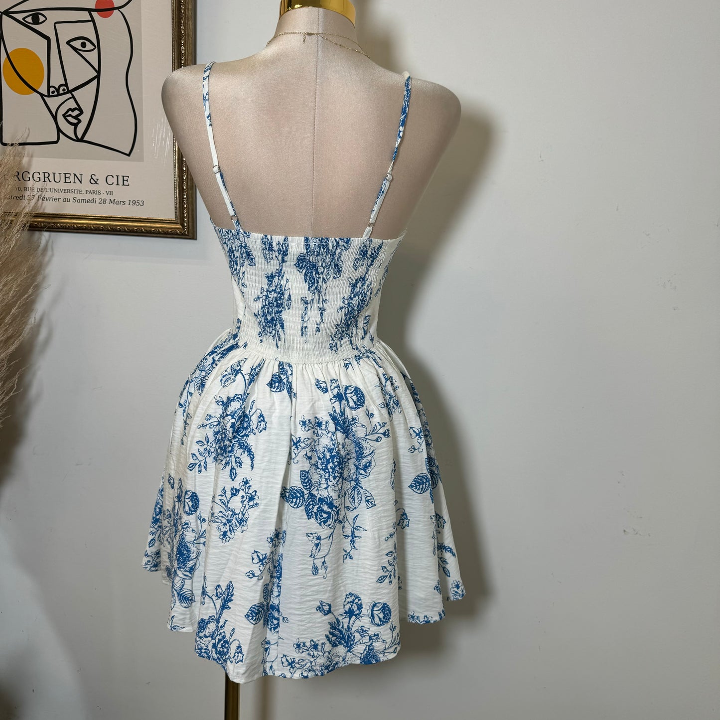 Tropical Smocked Mini Dress-White/Blue