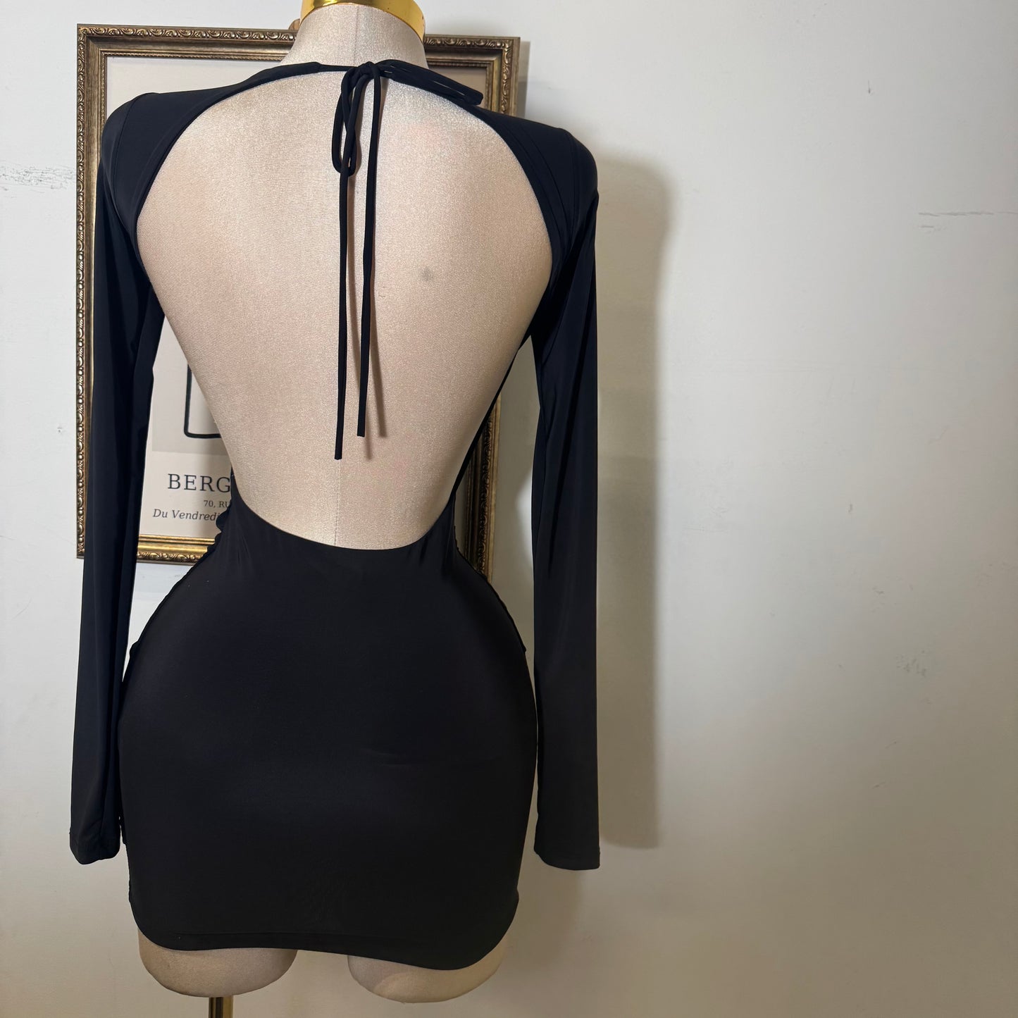 Long Sleeve Drape Trim Detail Mini Dress-Black