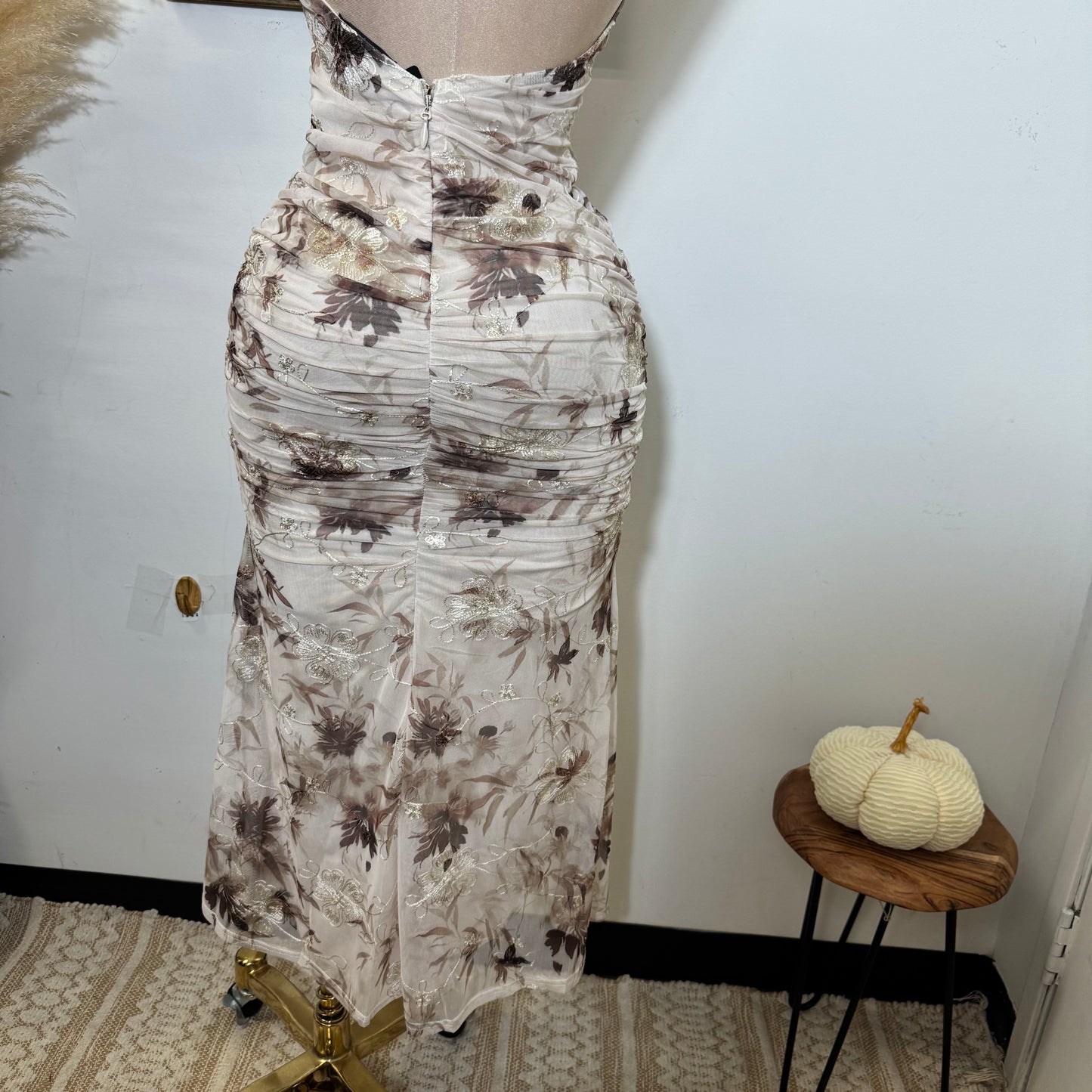 Deep Plunge Halter Neck a-Line Midi Dress-Brown