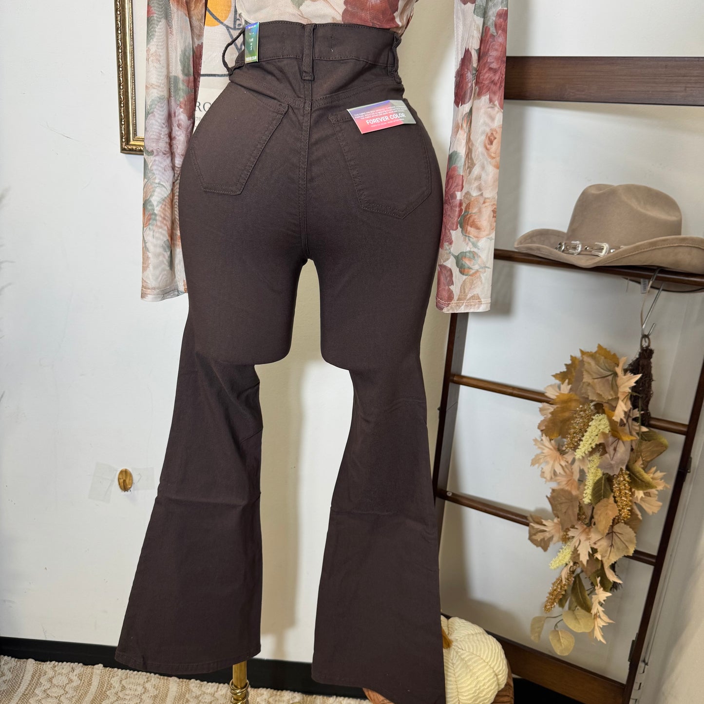 High Rise Hyper stretch Flare Jeans-Brown