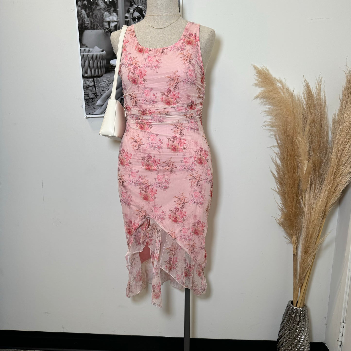 Midi Dress with Sheer Ruffle Detail PL -Pink