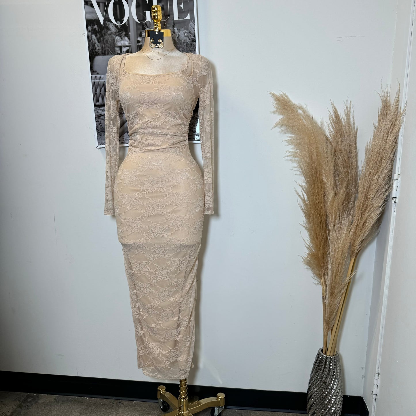 Aimara Lace Long Sleeve  Dress-Beige