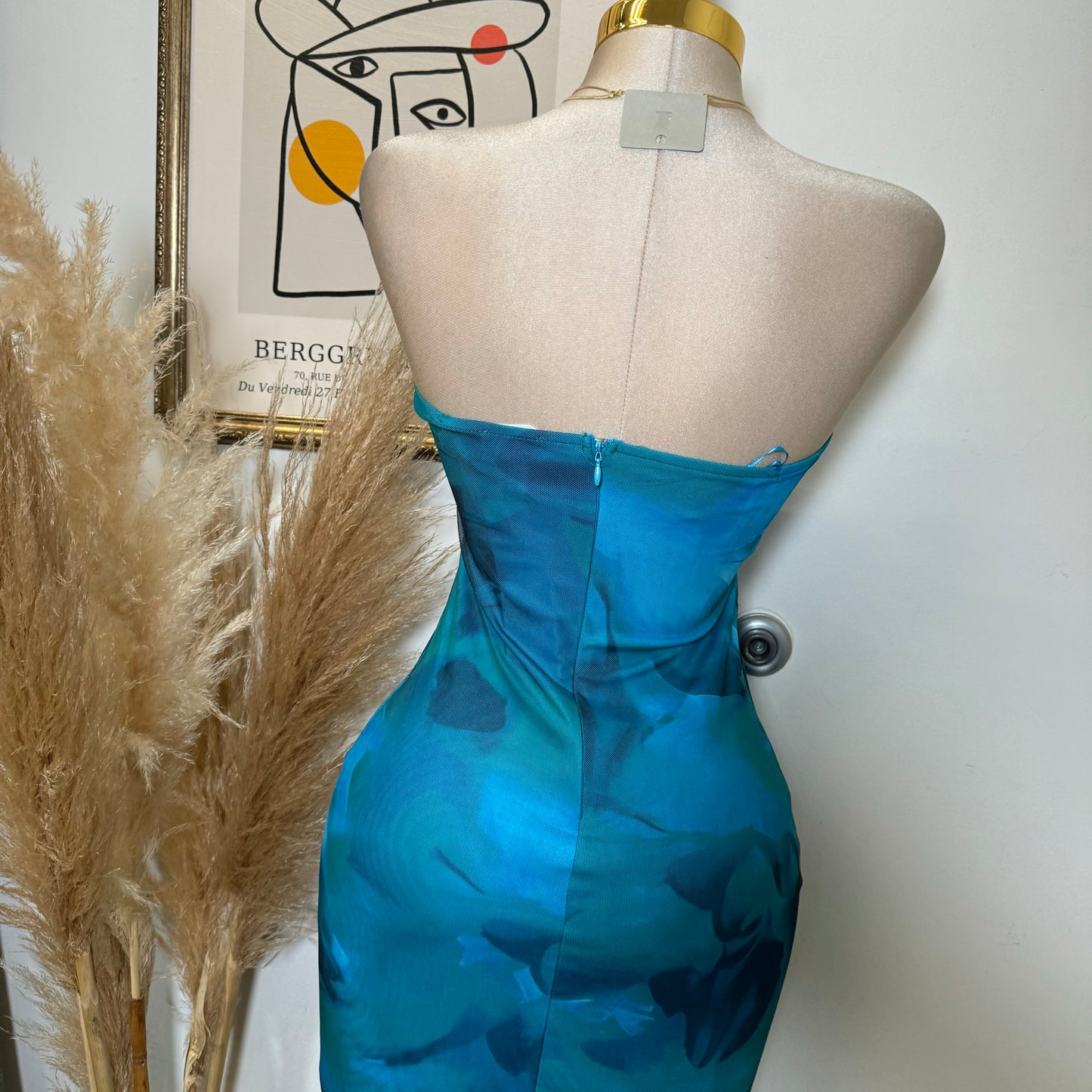 Mesh Print Tube Midi Dress-Blue