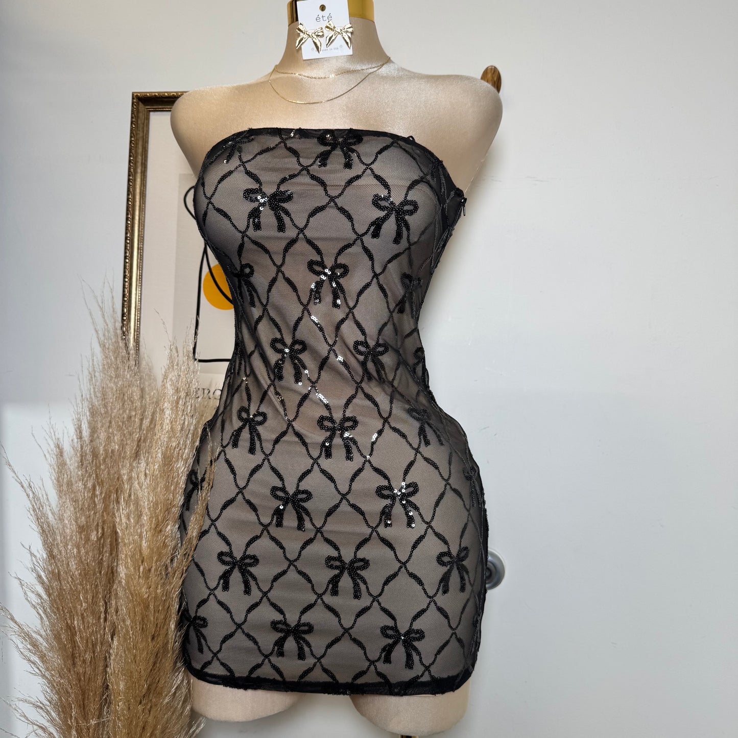 Bow Sequins Dress-Black