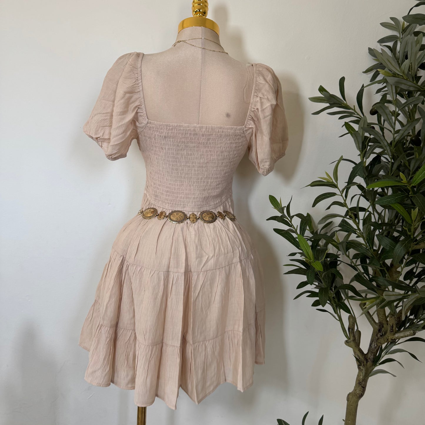 Puff Sleeve Tiered Mini Dress-Cream