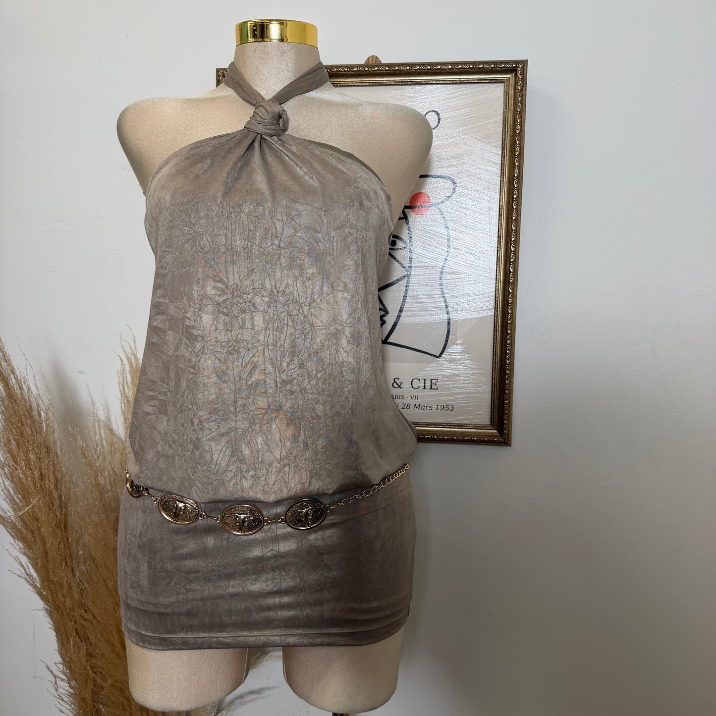 Knot Halter Blouson Bodycon Mini Dress-Mud