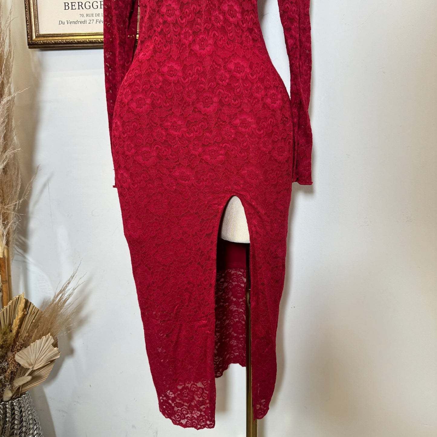 Rosie Lace Midi Open Slit  Dress-Red