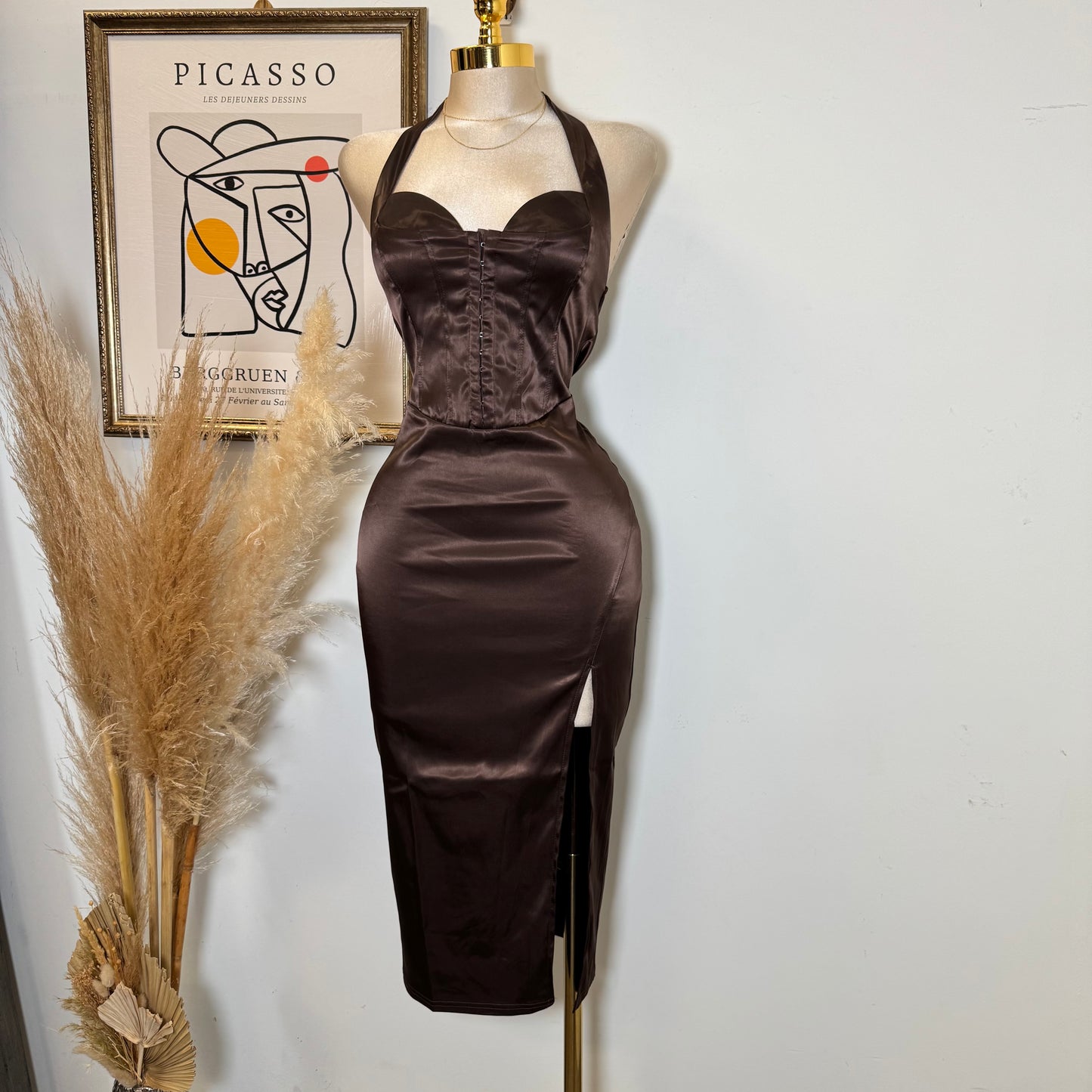 Corset Halter Satin Dress-Chocolate
