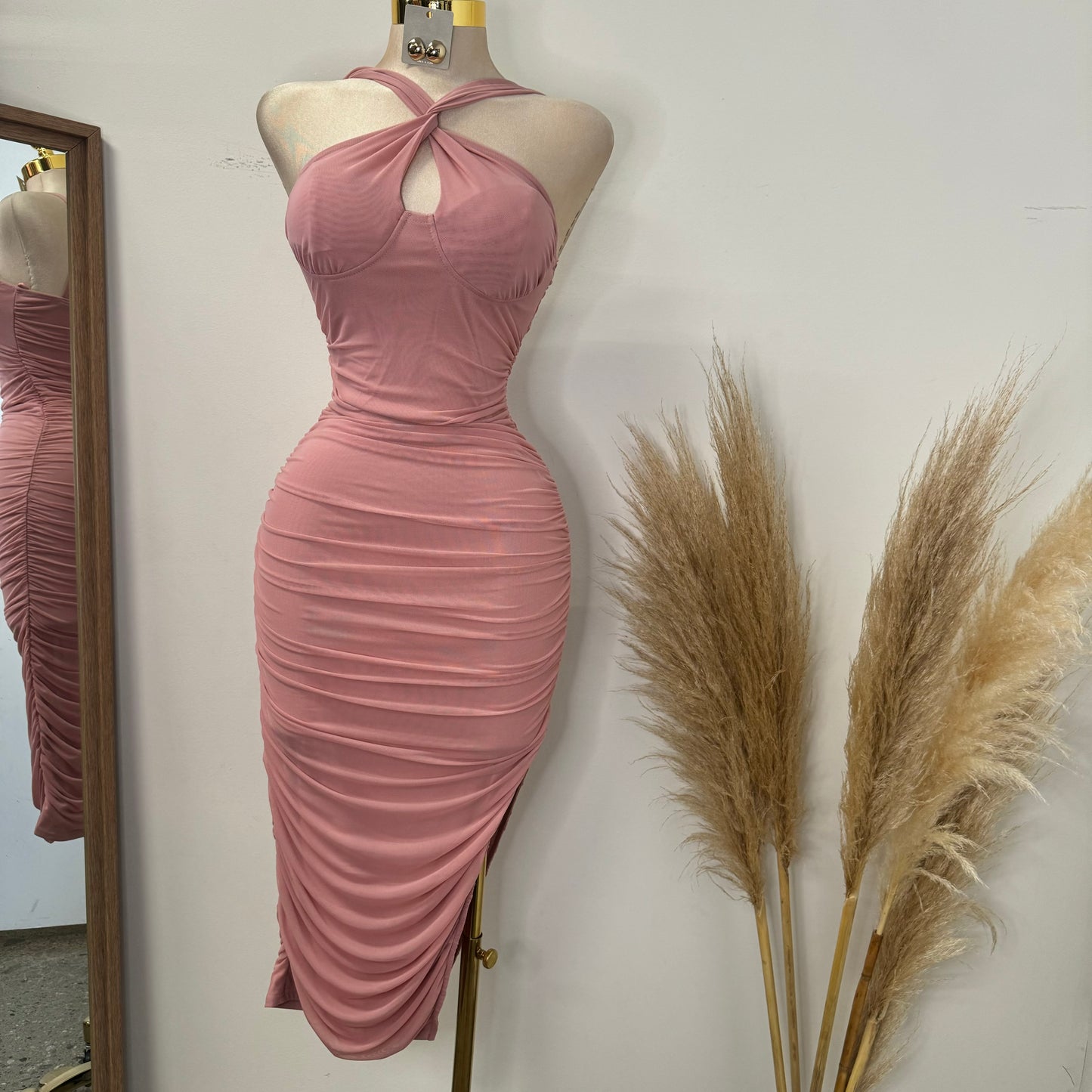 Inara Mesh Twist Halter Neck Midi Dress-Mauve