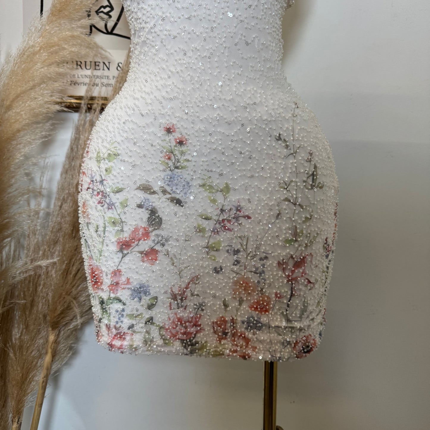 Mesh with Beads Floral Print Tube Dress