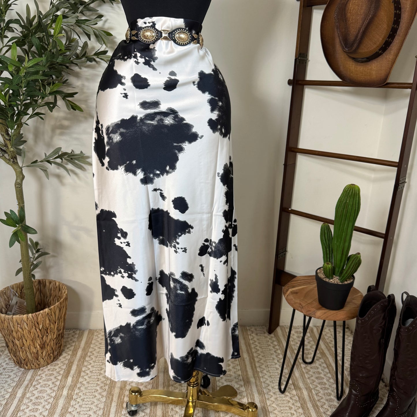 Cow Print Satin Maxi Skirt-Black