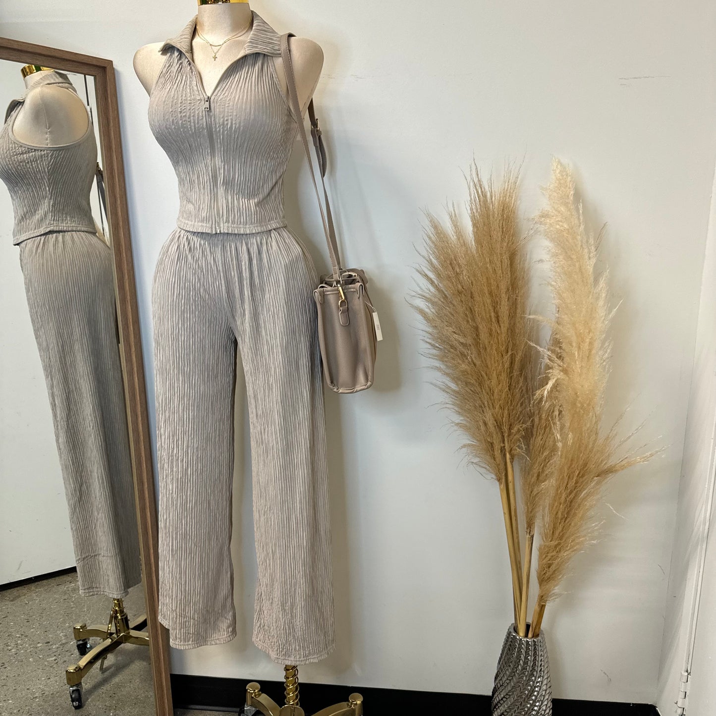 Halter Two Piece Pant Set-Taupe