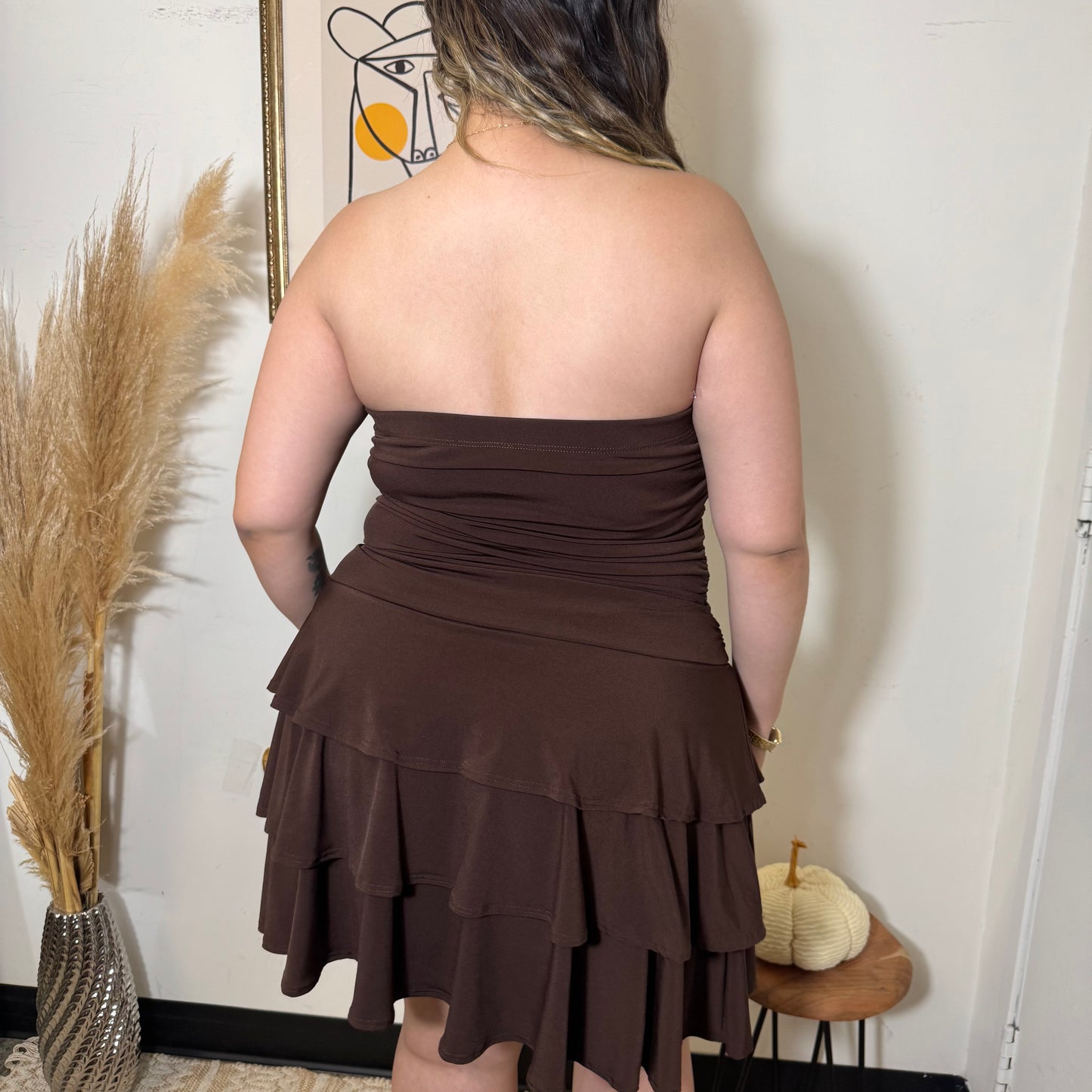 Ruffle Tube Dress-Brown