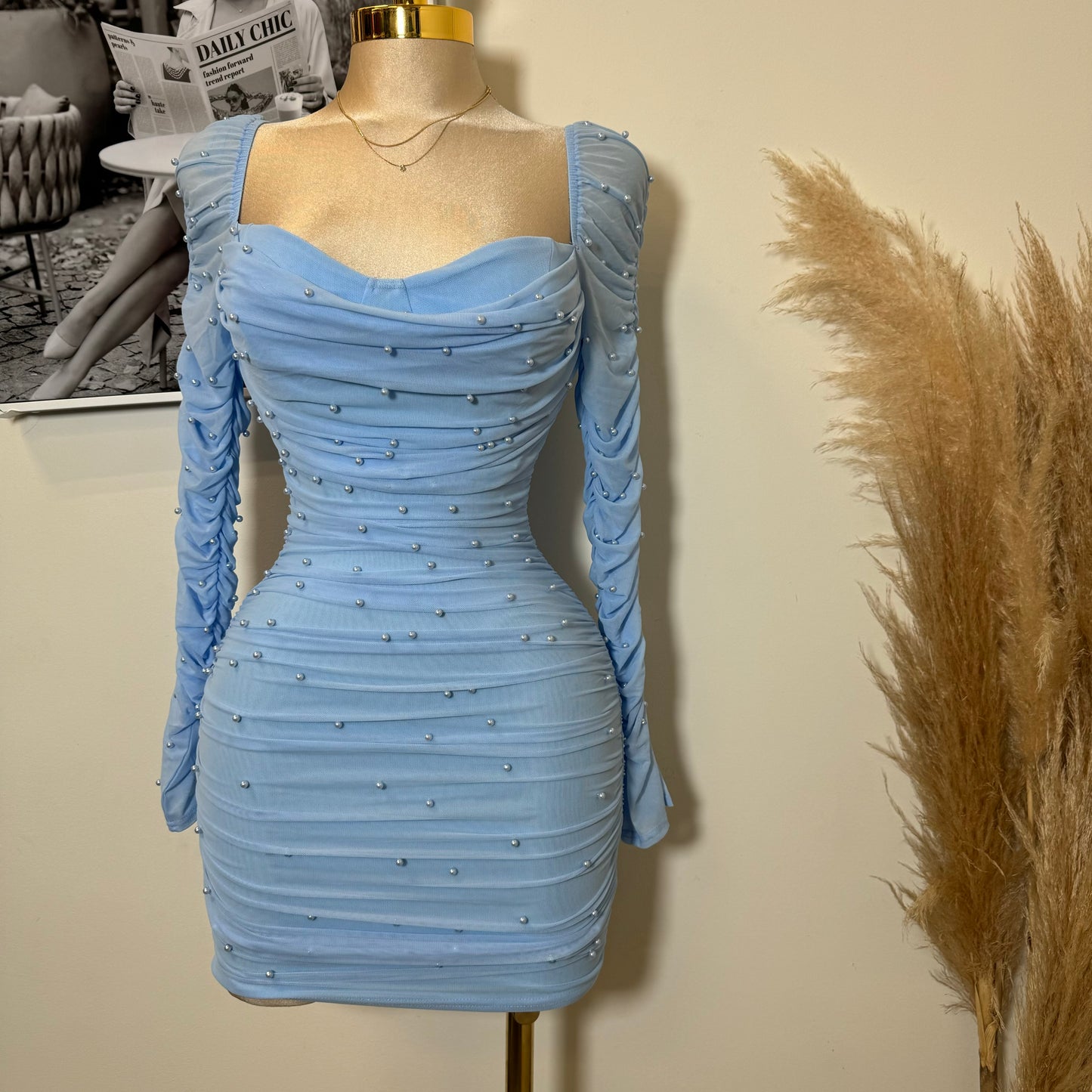 Meghan Pearl Mesh Dress-Baby Blue
