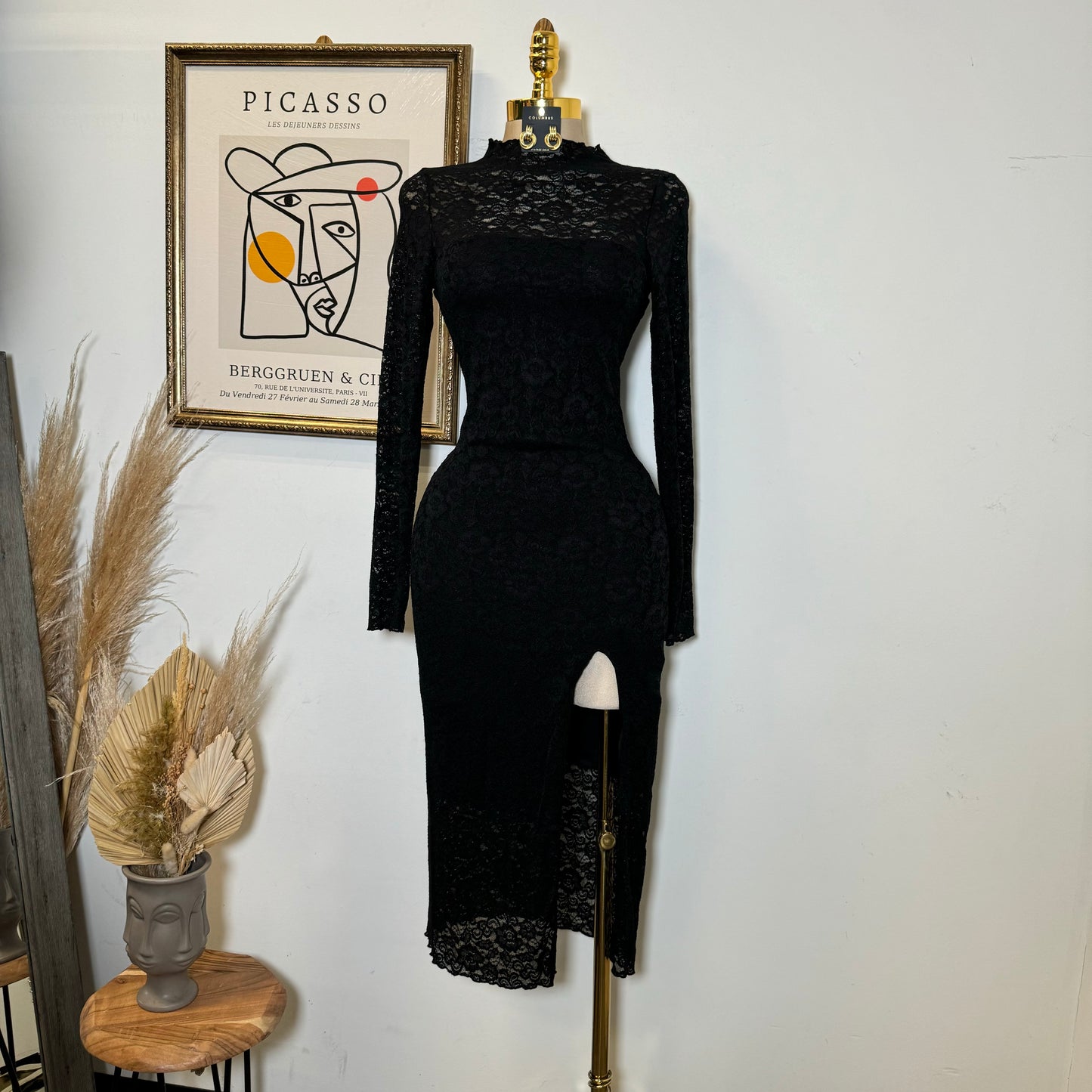 Rosie Lace Midi Open Slit  Dress-Black
