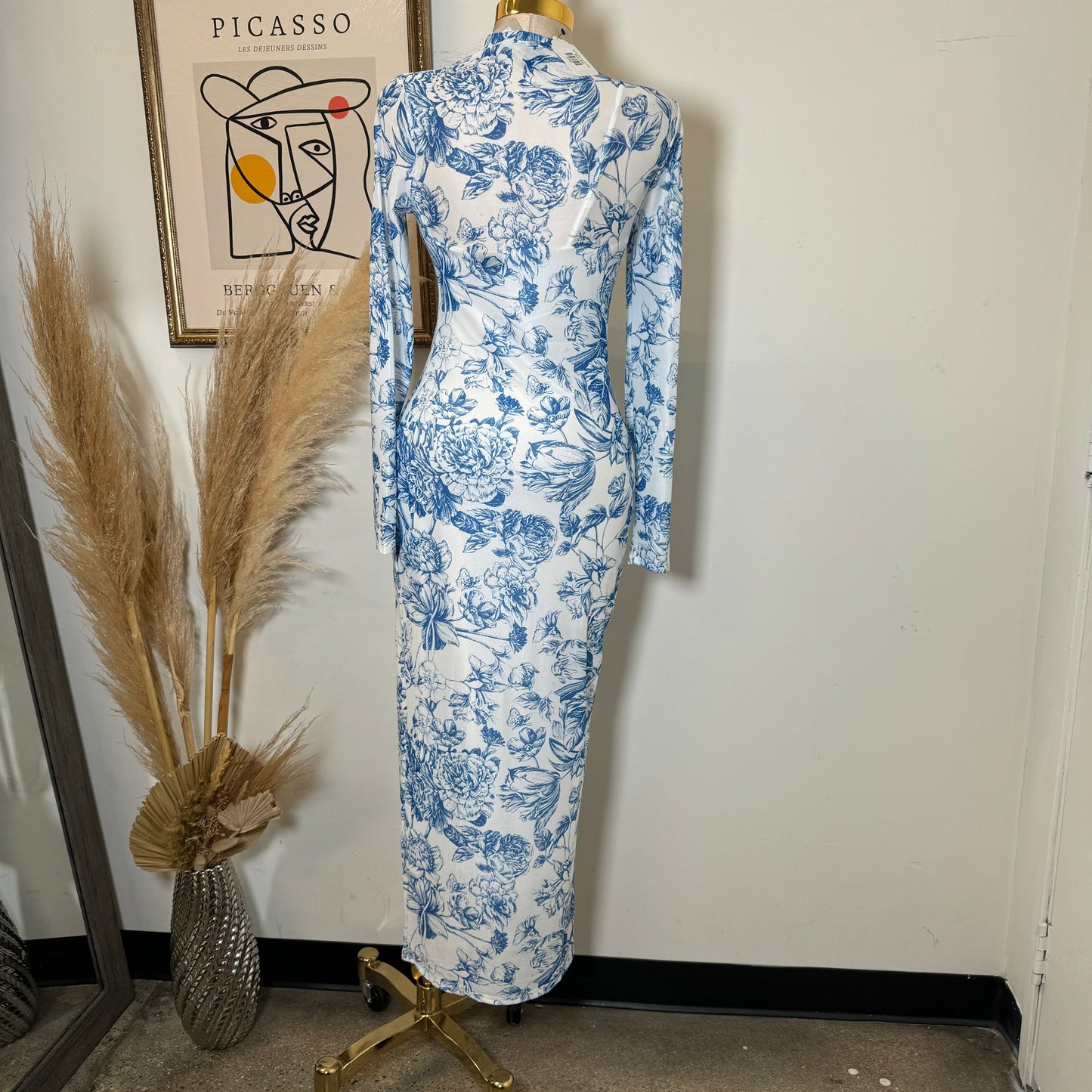 Rose Midi Mesh dress-Blue/White