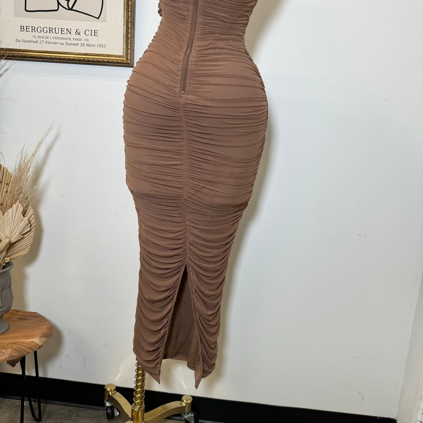 Mesh Off Shoulder Maxi Dress-Brown
