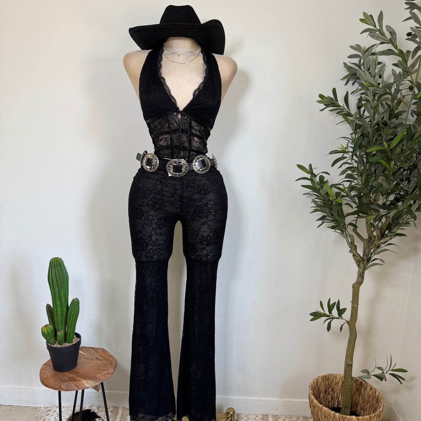 Sexy Lace Halter Pant Set-Black
