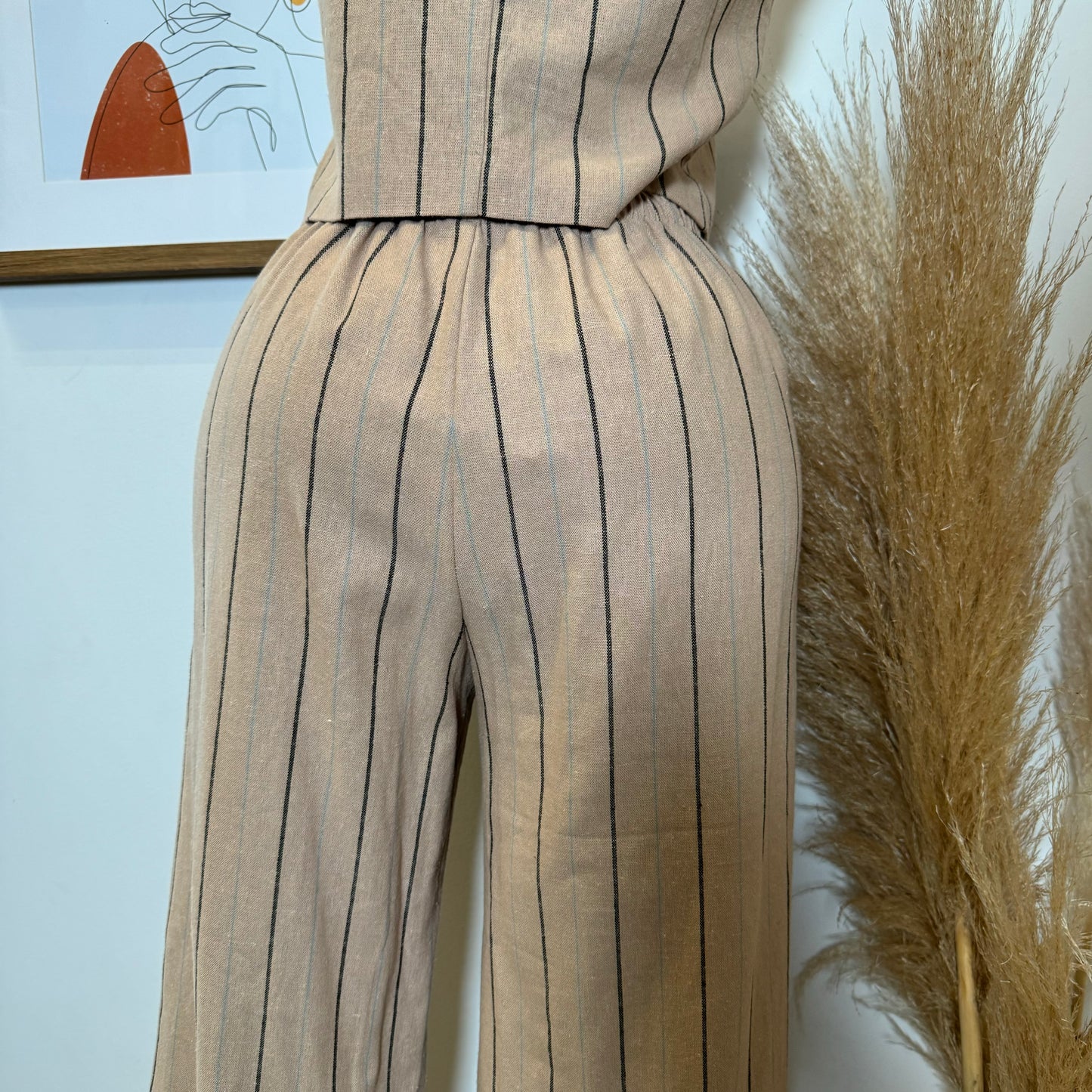Knot Linen Pant Set-Beige with Black and Blue Stripes