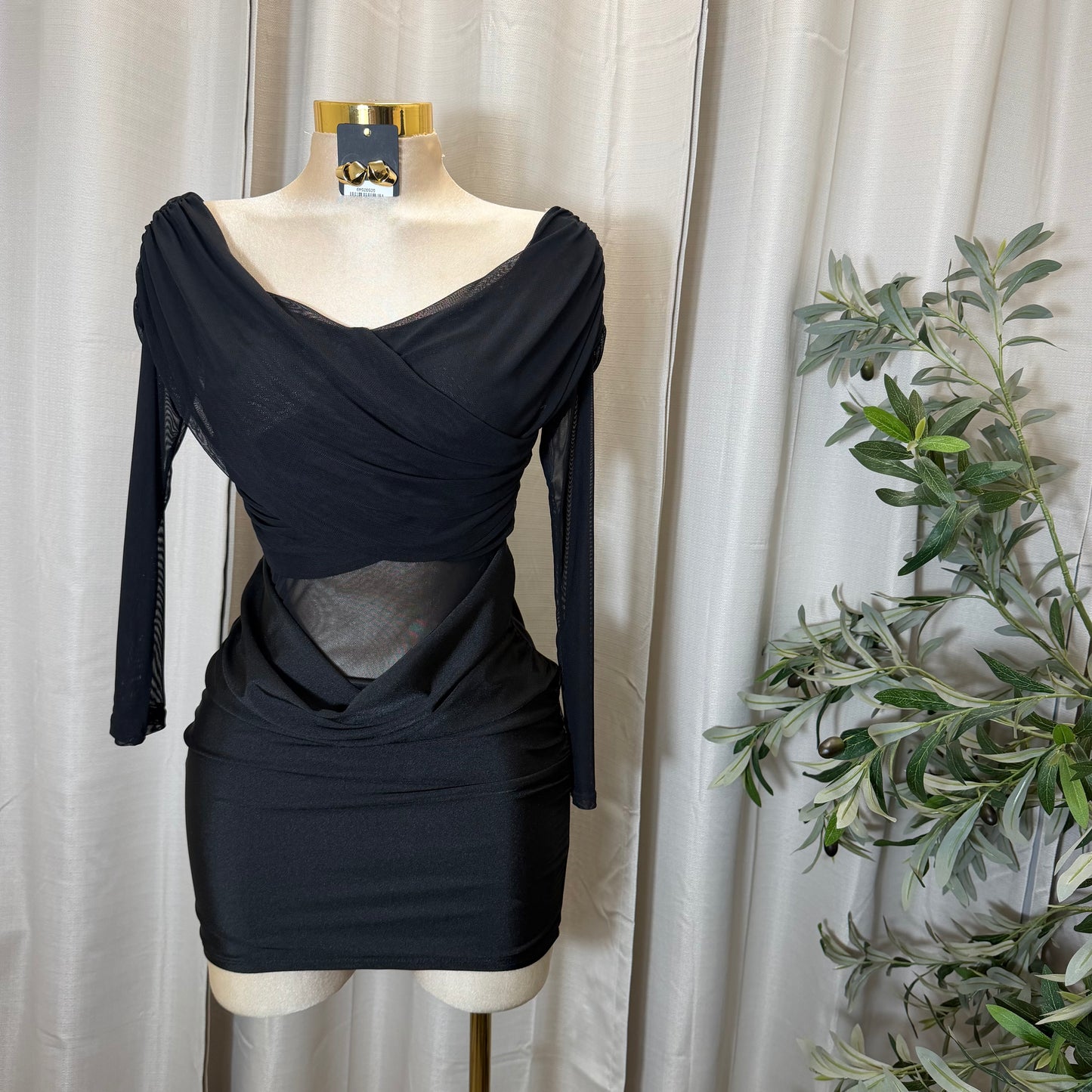 Long sleeve Mesh Dress-black